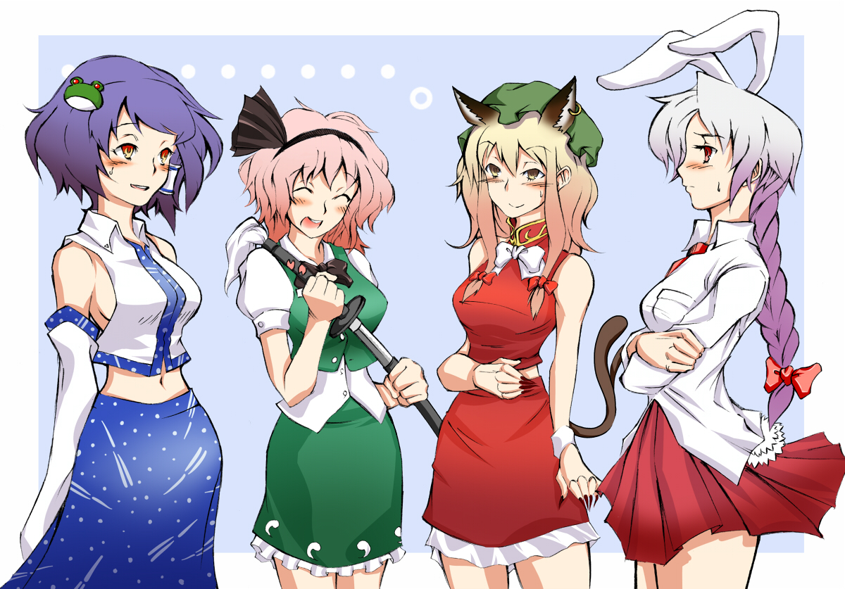 teeburu, chen, kochiya sanae, konpaku youmu, reisen udongein inaba, saigyouji yuyuko, yagokoro eirin, yakumo yukari, yasaka kanako, touhou, 4girls, animal ears, cat ears, cat girl, cat tail, chen (cosplay), cosplay, female focus, kemonomimi mode, kochiya sanae (cosplay), konpaku youmu (cosplay), multiple girls, navel, rabbit ears, reisen udongein inaba (cosplay), tail