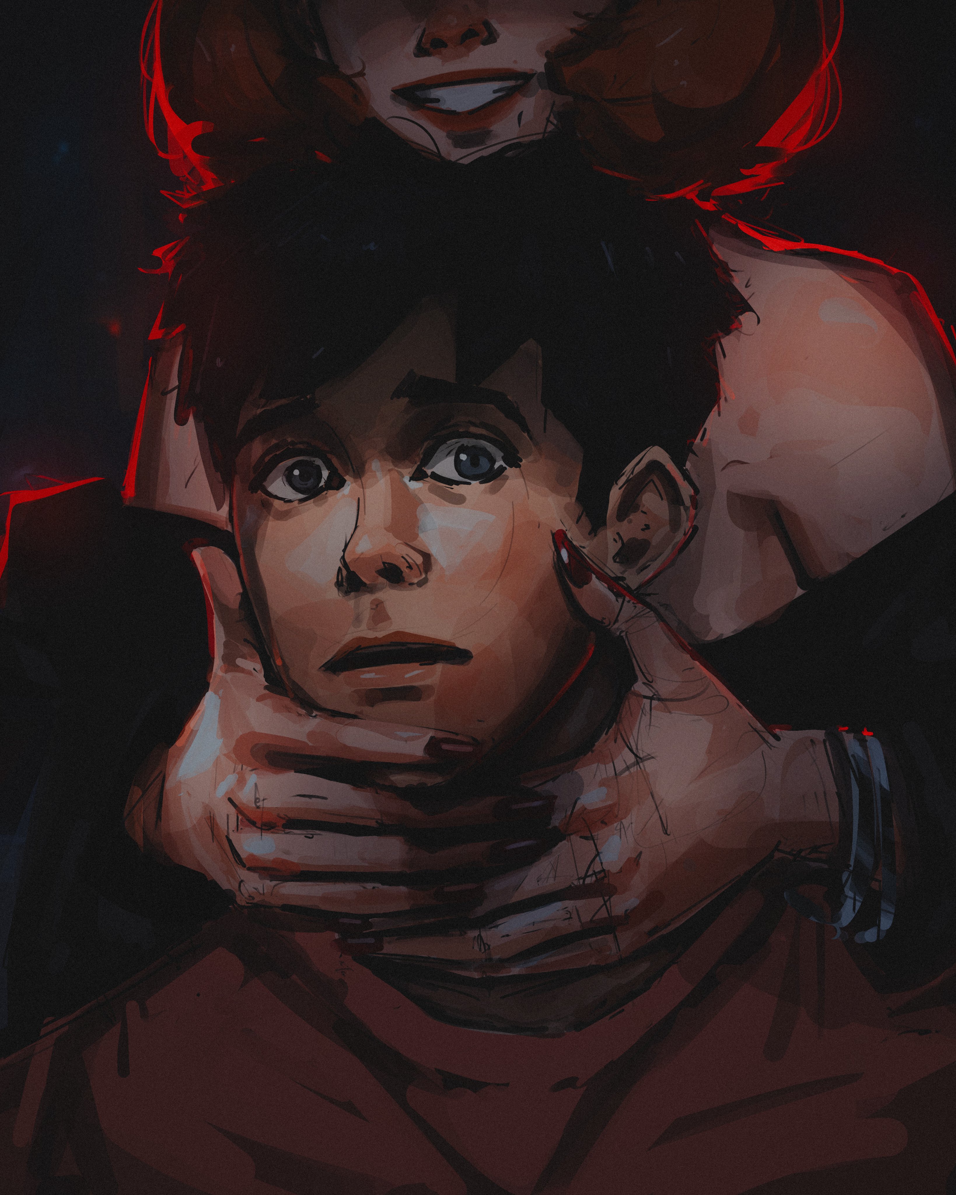 titanartx, original, absurdres, commentary, english commentary, highres, 1boy, 1girl, bare shoulders, black background, black eyes, black hair, closed mouth, hands on another's neck, looking at viewer, male focus, nose, orange shirt, realistic, shirt, short hair, simple background, smile, wide-eyed