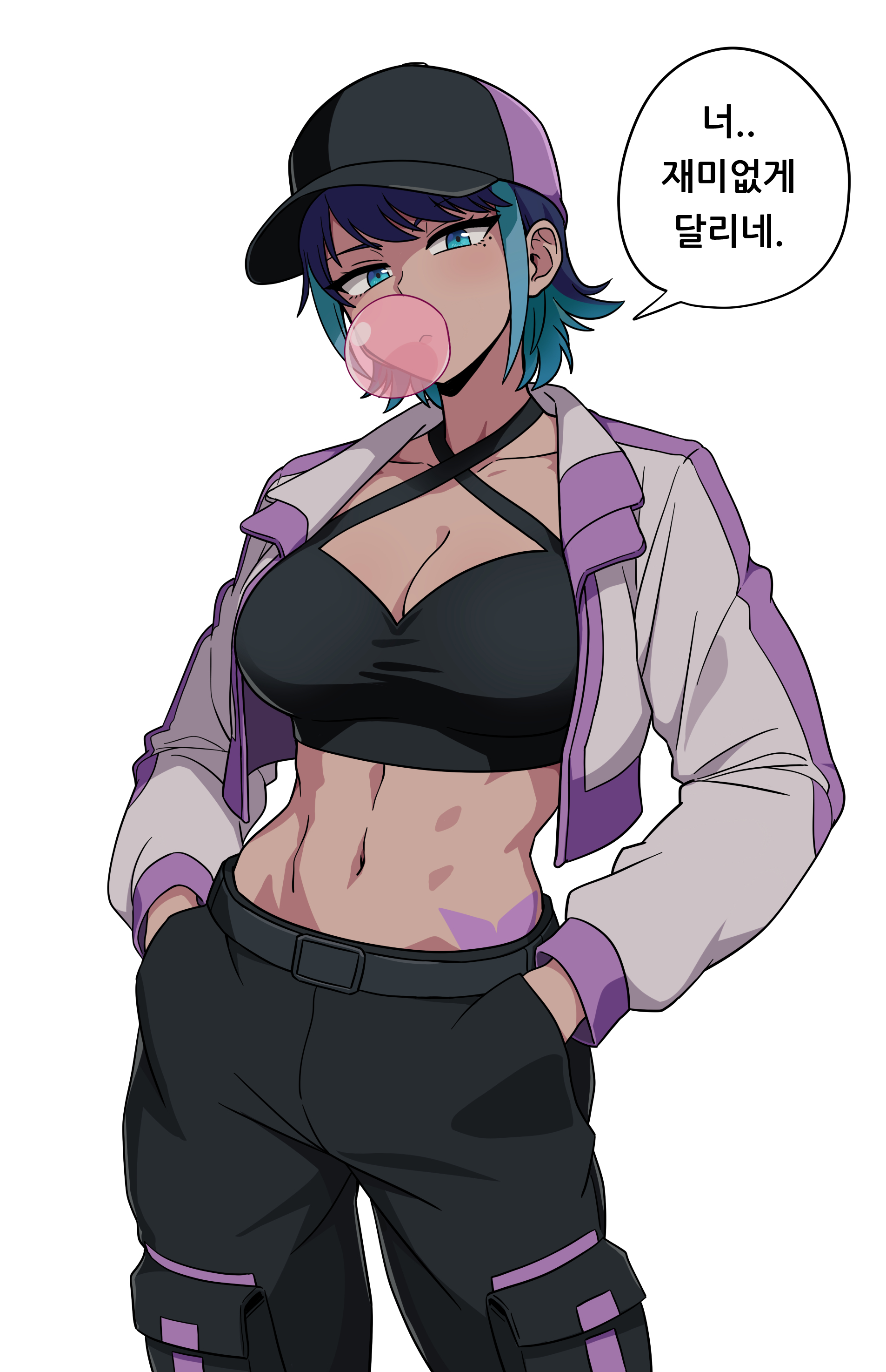 galois, absurdres, commentary request, highres, korean commentary, translation request, 1girl, abs, aqua eyes, aqua hair, badass girl: run hany, baseball cap, black pants, black sports bra, blowing bubble gum, blue hair, breasts, cargo pants, chewing gum, cleavage, collarbone, contrapposto, cowboy shot, hands in pockets, hat, head tilt, hip tattoo, korean text, large breasts, linea alba, mole, mole under eye, multicolored hair, navel, pants, rapid ju, run hany, short hair, solo, sports bra, tan, tattoo, two-tone hair