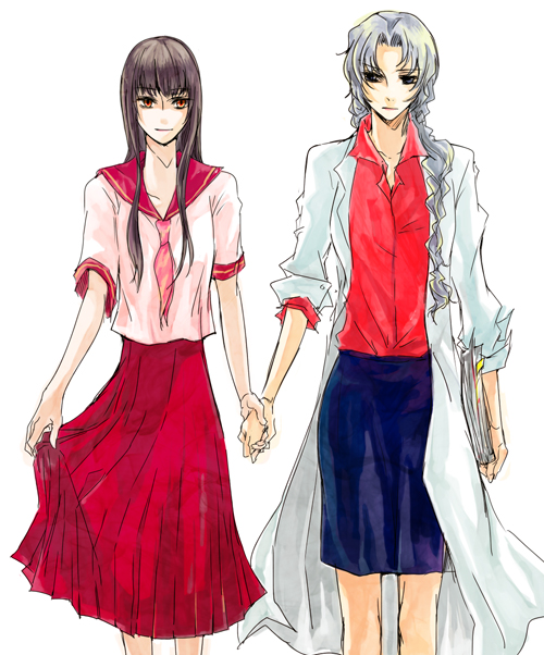 houraisan kaguya, rama, yagokoro eirin, touhou, silver hair, 2girls, alternate costume, black hair, braid, carrying, contemporary, female focus, grey eyes, holding hands, lab coat, long hair, multiple girls, orange eyes, paper, pencil skirt, school uniform, serafuku, shirt, simple background, skirt, sleeves pushed up, sleeves rolled up