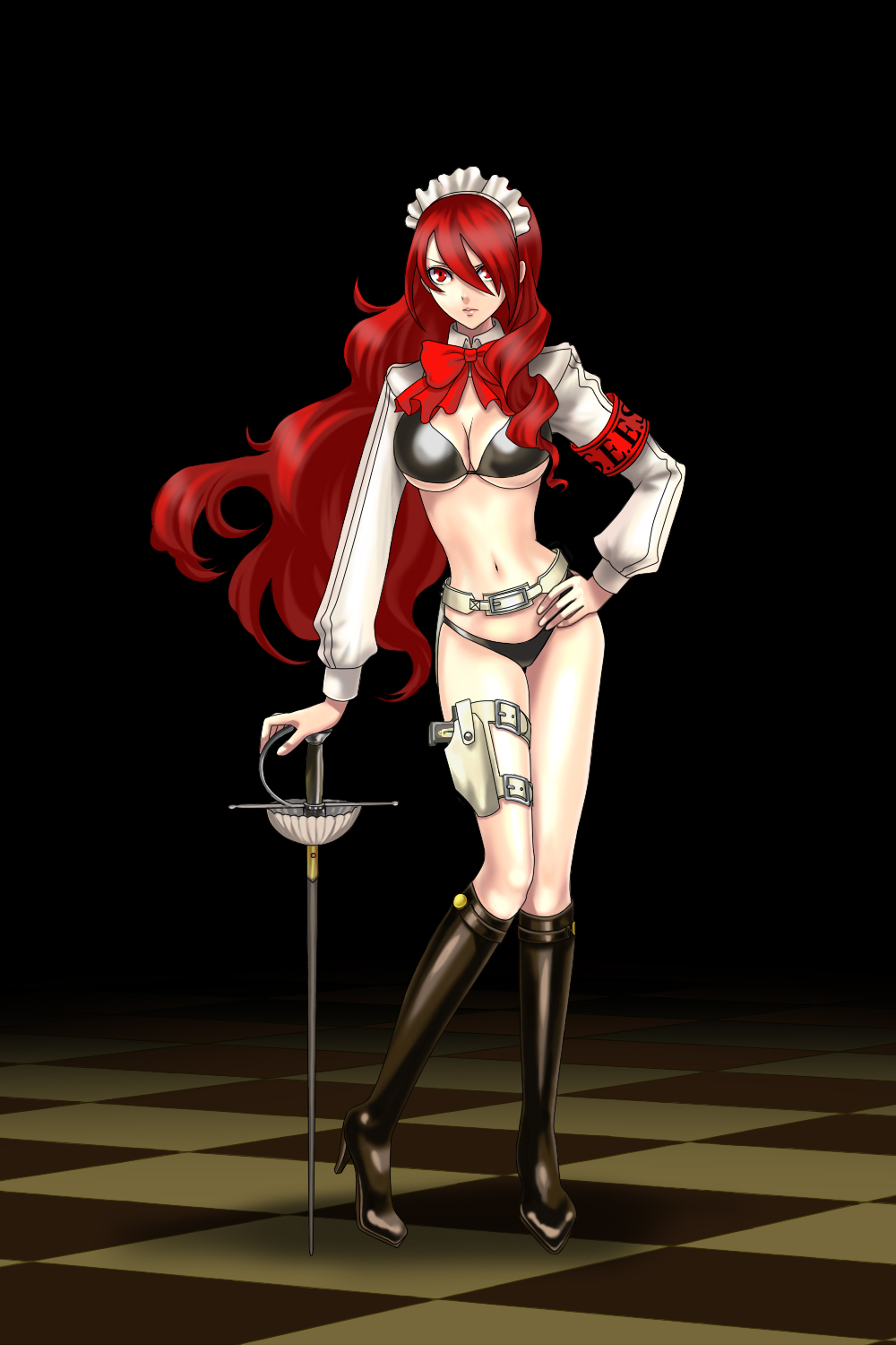 kurebayashi rihito, tanaka rie, allegra clark, kirijou mitsuru, tara platt, atlus, persona, persona 3, persona 3 portable, persona 3 reload, bad id, bad pixiv id, highres, 1girl, armband, bikini, black bikini, black boots, boots, bow, breasts, cleavage, female focus, gun, gun holster, hair over one eye, high heel boots, high heels, holster, knee boots, long hair, maid headdress, rapier, red eyes, red hair, solo, swimsuit, sword, thigh holster, thigh strap, underboob, voice actor connection, weapon