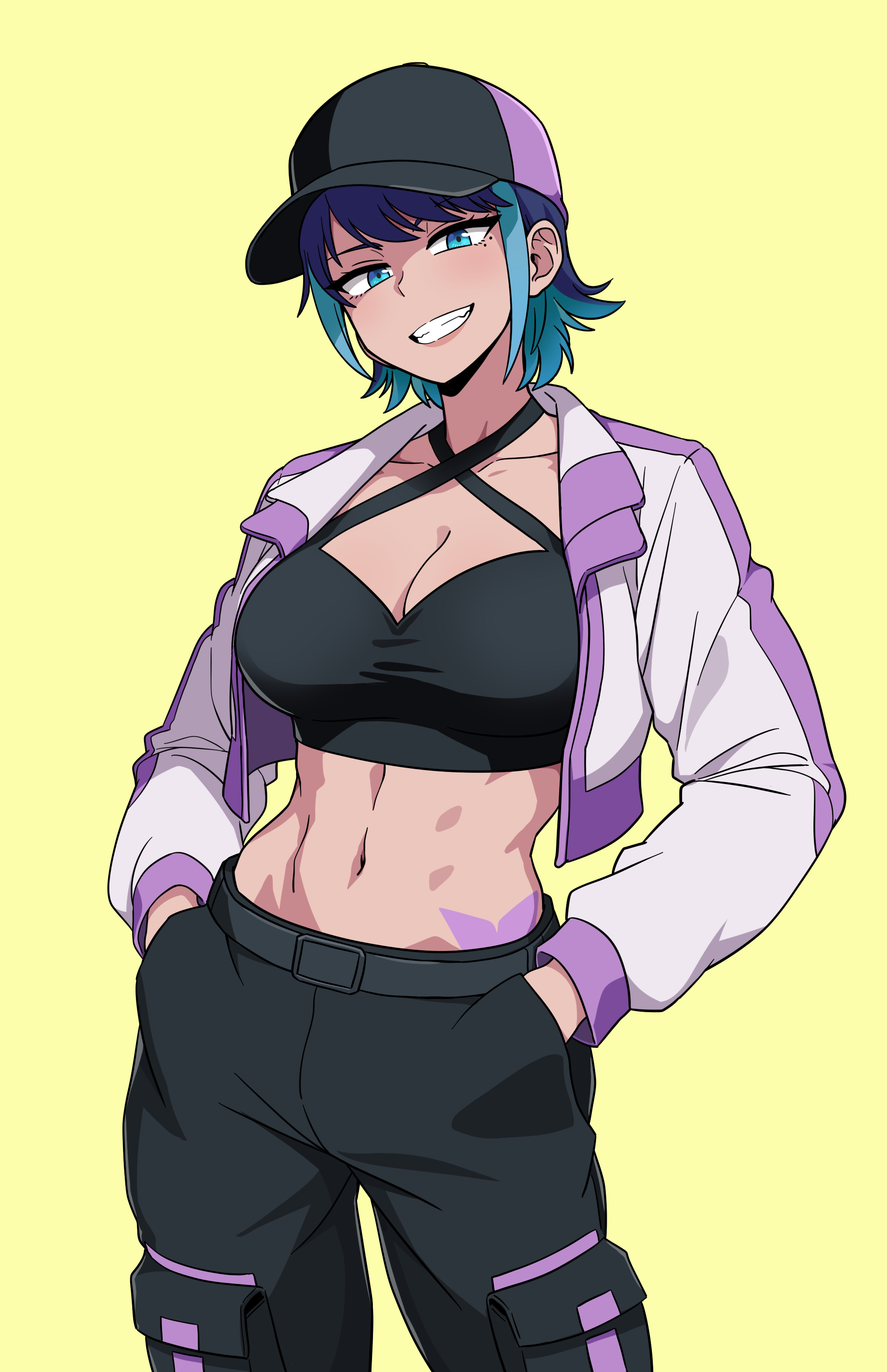 galois, absurdres, commentary request, highres, korean commentary, 1girl, abs, aqua eyes, aqua hair, badass girl: run hany, baseball cap, black pants, black sports bra, blue hair, breasts, cargo pants, cleavage, collarbone, contrapposto, cowboy shot, grin, hands in pockets, hat, head tilt, hip tattoo, large breasts, linea alba, mole, mole under eye, multicolored hair, navel, pants, rapid ju, run hany, short hair, smile, solo, sports bra, tan, tattoo, two-tone hair