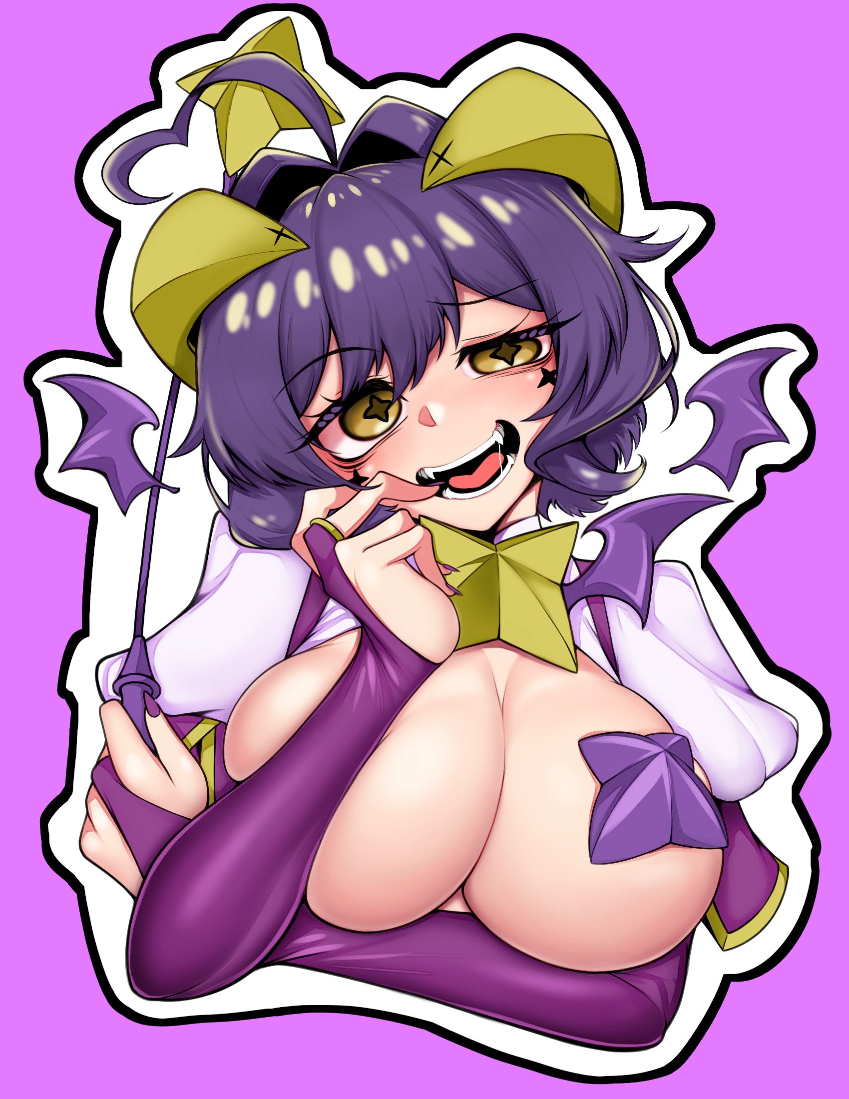 love0craft, hiiragi utena, magia baiser, mahou shoujo ni akogarete, commentary request, highres, 1girl, ahoge, alternate breast size (larger), bat wings, black hair, breasts, facial mark, fangs, forward-facing horns, heart, heart ahoge, holding, holding riding crop, horns, large breasts, looking at viewer, medium hair, open mouth, pasties, purple background, riding crop, simple background, smile, solo, star-shaped pupils, star (symbol), star facial mark, star pasties, symbol-shaped pupils, upper body, wings, yellow eyes