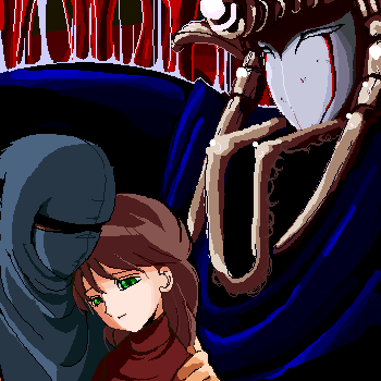 ashtar, irene lew, ryu hayabusa, nes, ninja gaiden, ninja gaiden ii: the dark sword of chaos, ninja ryukenden, tecmo, artist request, lowres, 1990s (style), 1girl, 2boys, demon, famicom, game console, hug, katana, mask, multiple boys, ninja, oekaki, retro artstyle, size difference, sword, weapon