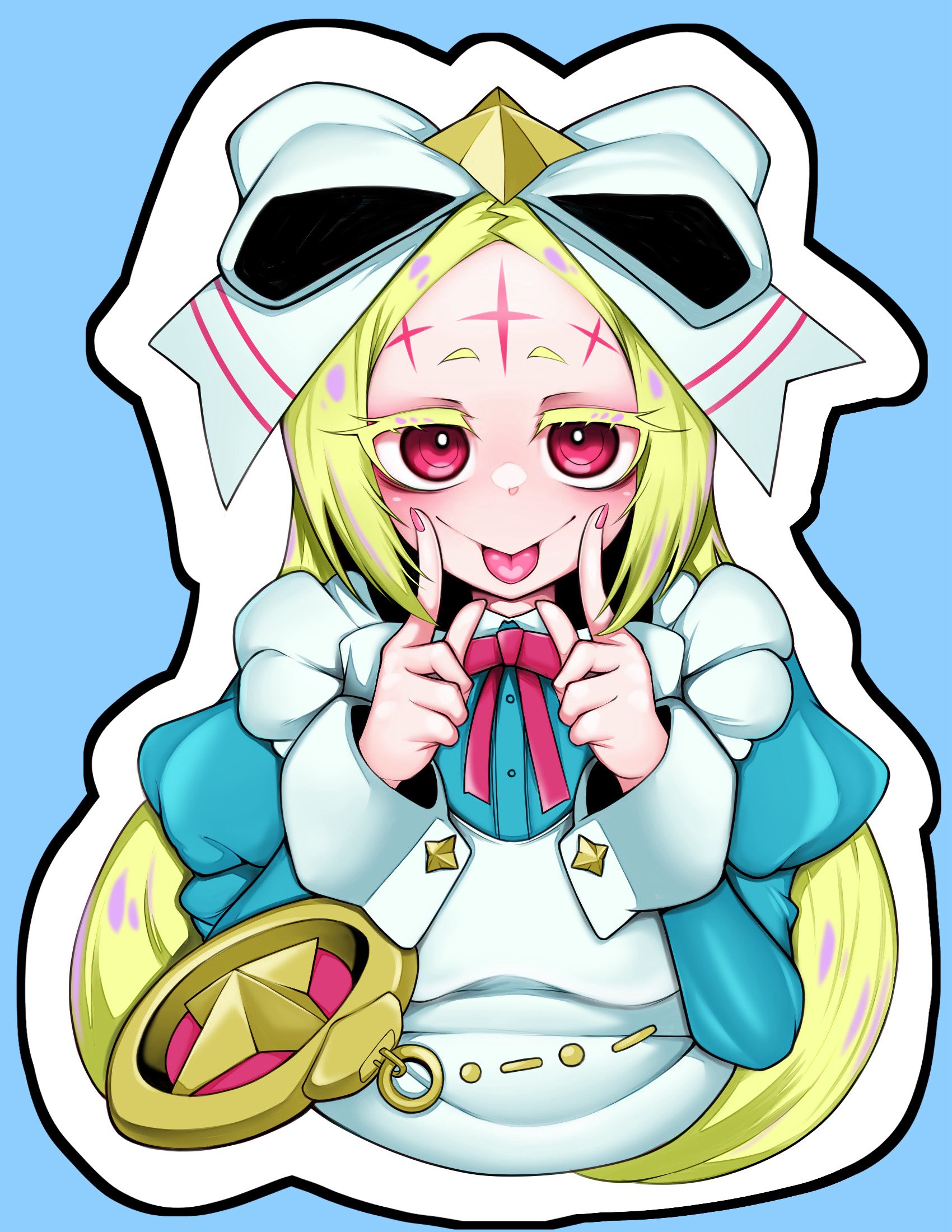 love0craft, morino korisu, nero alice, mahou shoujo ni akogarete, commentary request, highres, 1girl, apron, blonde hair, blue background, blue dress, bow, dress, fingersmile, hair bow, long hair, looking at viewer, pink eyes, simple background, solo, tongue, tongue out, upper body