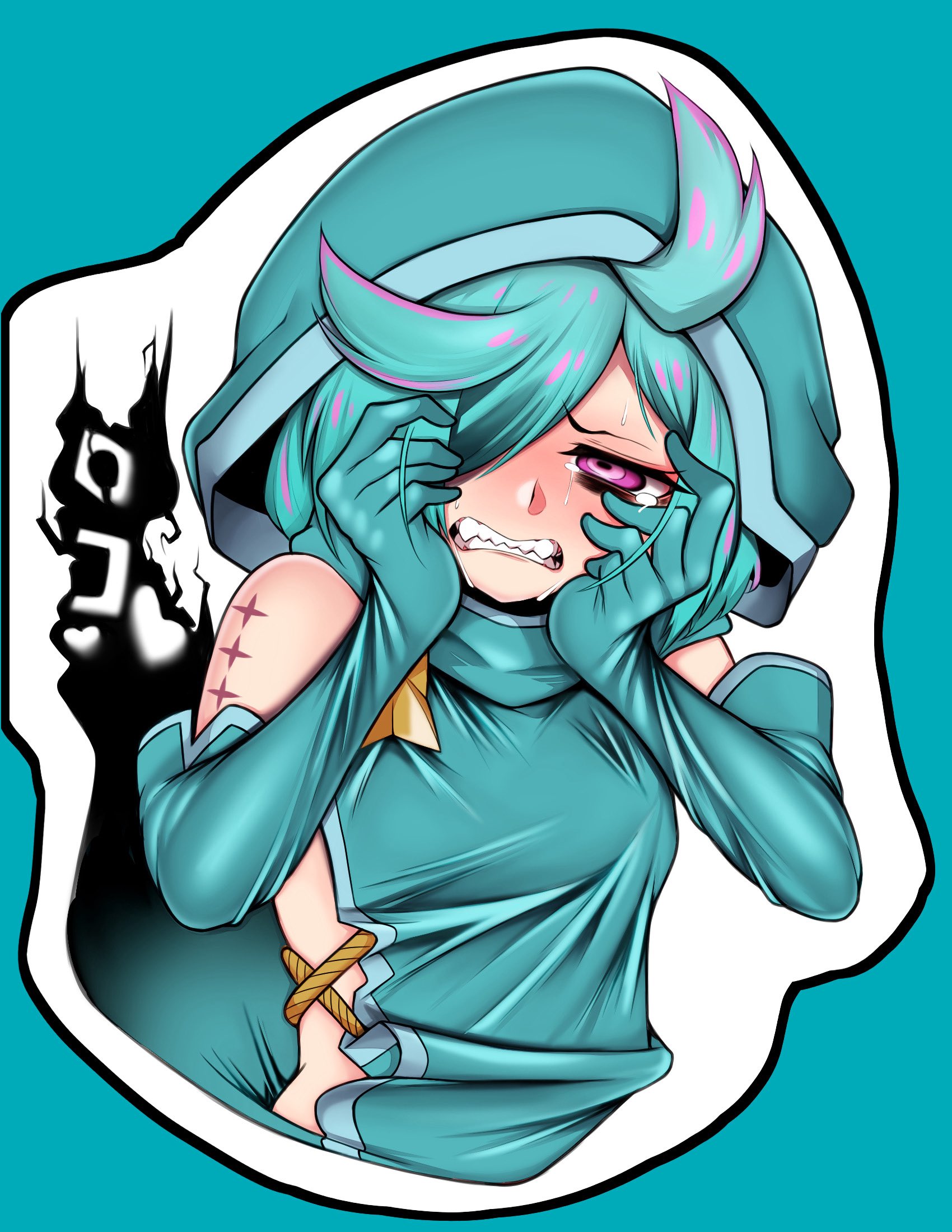 love0craft, anemo nemo, leberblume, mahou shoujo ni akogarete, commentary request, highres, 1girl, blue background, blue hair, clenched teeth, crying, elbow gloves, gloves, hair over one eye, hood, hoodie, purple eyes, sharp teeth, simple background, solo, star (symbol), star tattoo, tattoo, tears, teeth, upper body
