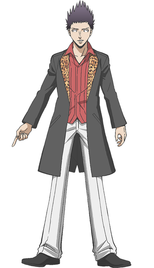 morita kazuaki, gastro (ansatsu kyoushitsu), ansatsu kyoushitsu, official art, 1boy, animal print, anime coloring, black hair, collared shirt, full body, leopard print, male focus, pants, red shirt, shirt, simple background, solo, spiked hair, standing, tachi-e, transparent background, wall-eyed, white pants