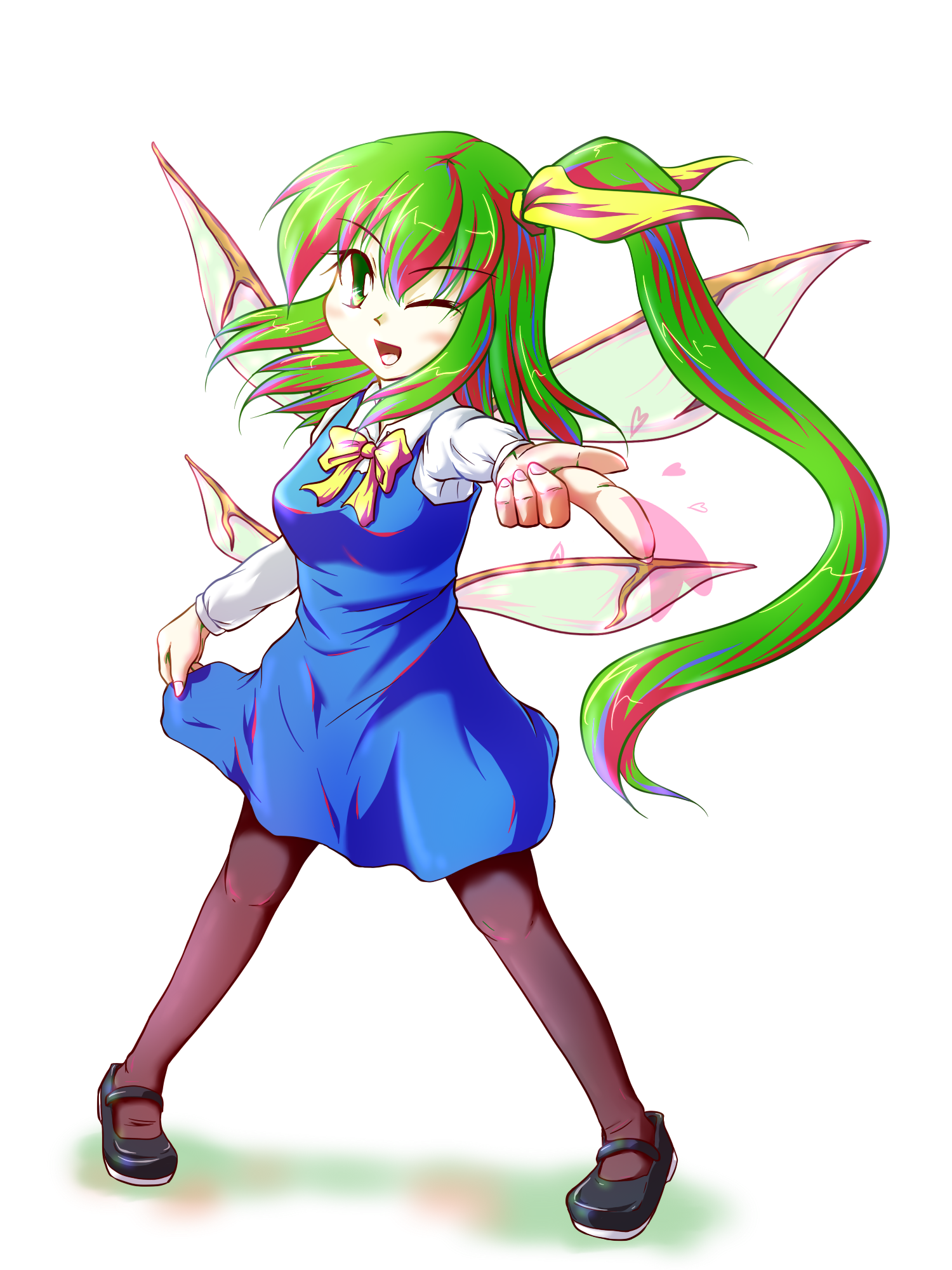 merri, daiyousei, embodiment of scarlet devil, touhou, bad id, bad pixiv id, highres, 1girl, bow, breasts, female focus, full body, green eyes, green hair, hair bow, heart, matching hair/eyes, one eye closed, pantyhose, side ponytail, solo, transparent background, wings, wink