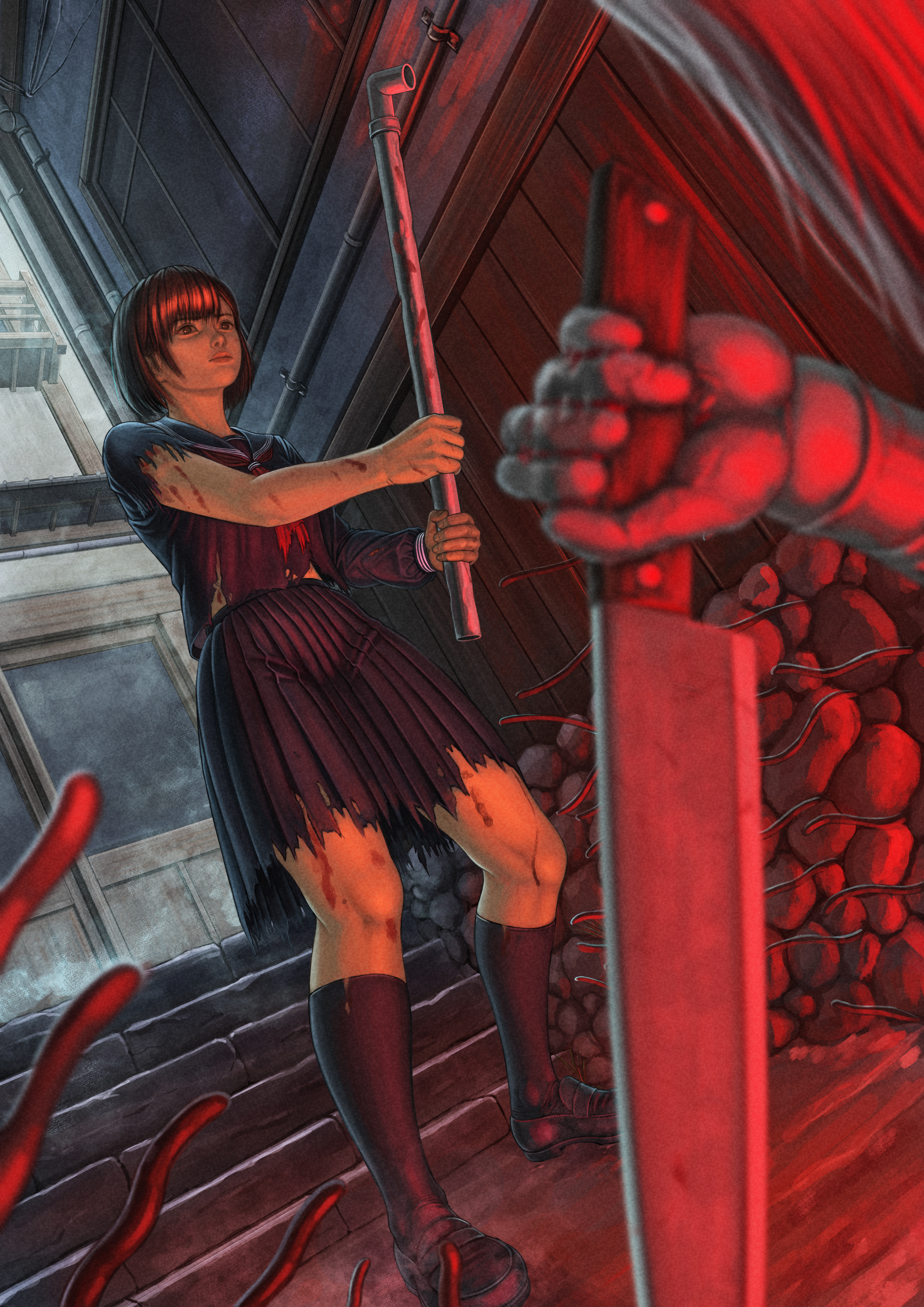 kai hadaly, shimizu hinako, silent hill (series), silent hill f, absurdres, commentary request, highres, 1girl, black serafuku, blood, holding, holding knife, holding lead pipe, knife, lead pipe, sailor collar, school uniform, serafuku, short hair, skirt, stairs, torn clothes, torn skirt