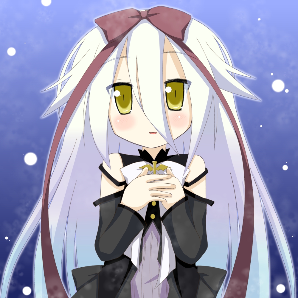 minami (colorful palette), mare s. ephemeral, hoshizora no memoria, blush, bow, detached sleeves, long hair, multicolored hair, ribbon, smile, solo, two-tone hair, yellow eyes