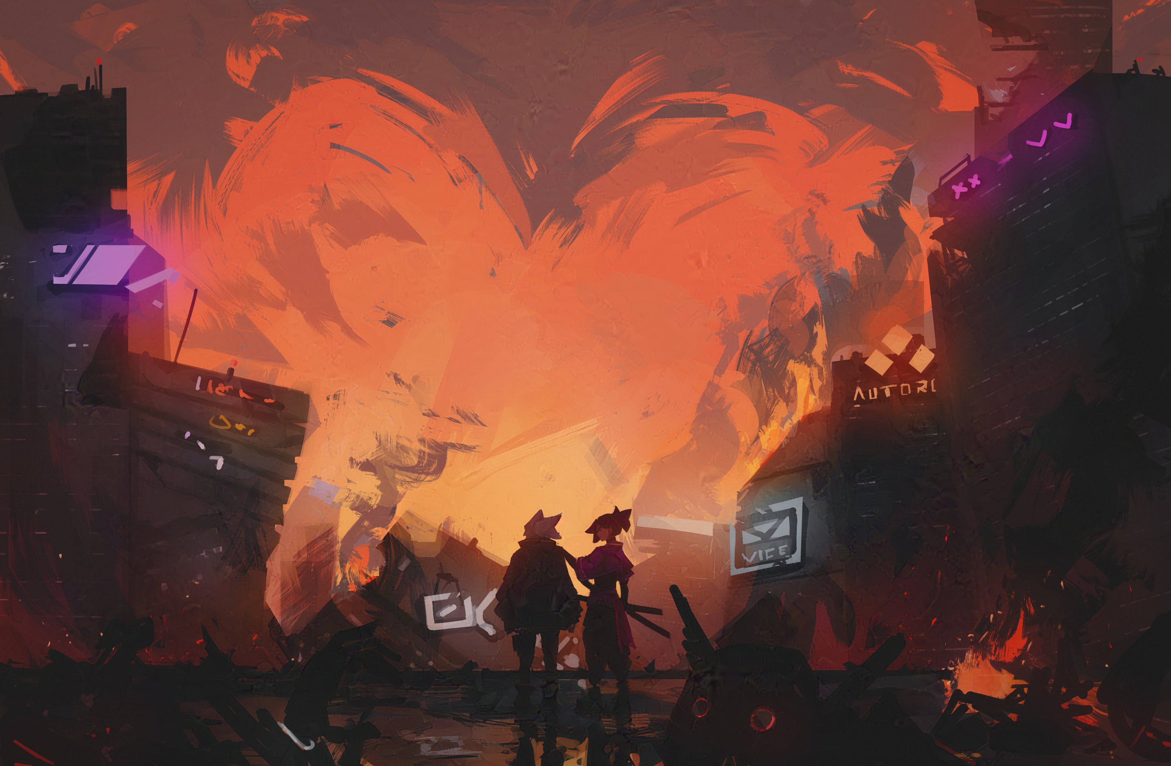 titanartx, original, absurdres, commentary, english commentary, highres, 2girls, building, destruction, facing away, fire, junk, multiple girls, orange sky, outdoors, scenery, short hair, sky, standing, wide shot