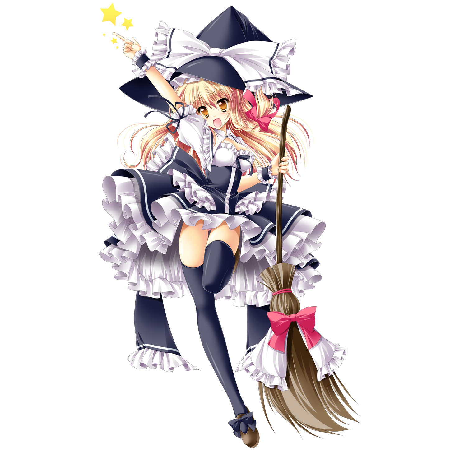 kamiya tomoe, kirisame marisa, touhou, highres, 1girl, :d, adapted costume, black thighhighs, blonde hair, bow, braid, breasts, broom, cleavage, female focus, footwear bow, frilled skirt, frills, full body, hair bow, hat, hat bow, large bow, large breasts, long hair, mary janes, open mouth, panties, pantyshot, pink panties, pointing, pointing up, puffy short sleeves, puffy sleeves, ribbon, shoes, short sleeves, single braid, skirt, smile, solo, standing, standing on one leg, star (symbol), thighhighs, too many, transparent background, underwear, upskirt, white background, witch hat, wrist cuffs, yellow eyes