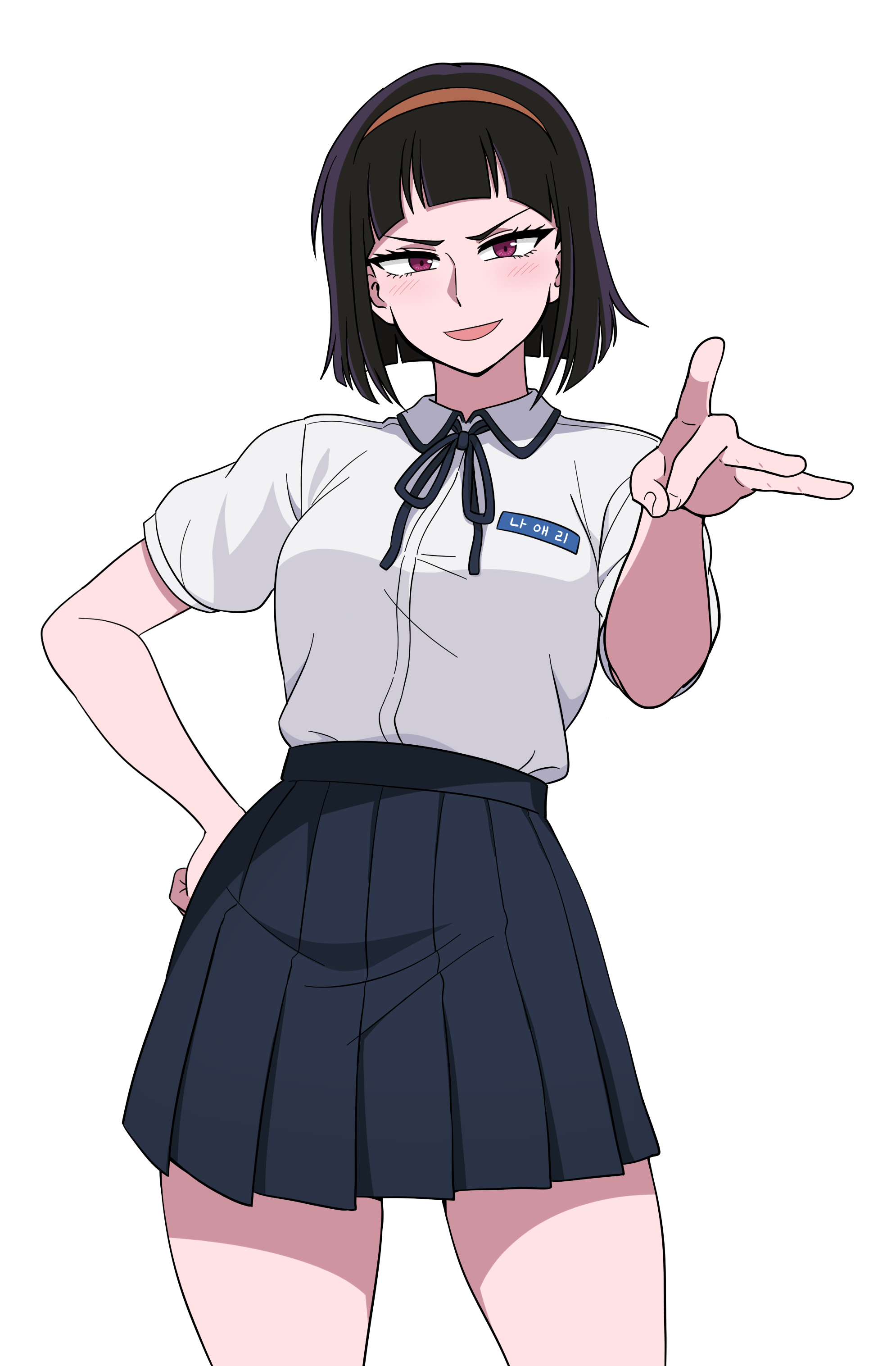 galois, absurdres, commentary request, highres, korean commentary, 1girl, badass girl: run hany, black hair, blunt bangs, bob cut, breasts, cowboy shot, flick, hairband, hand on own hip, high-waist skirt, medium breasts, miniskirt, na aeri, name tag, open mouth, orange hairband, pleated skirt, red eyes, run hany, school uniform, skirt, smile, solo, v-shaped eyebrows