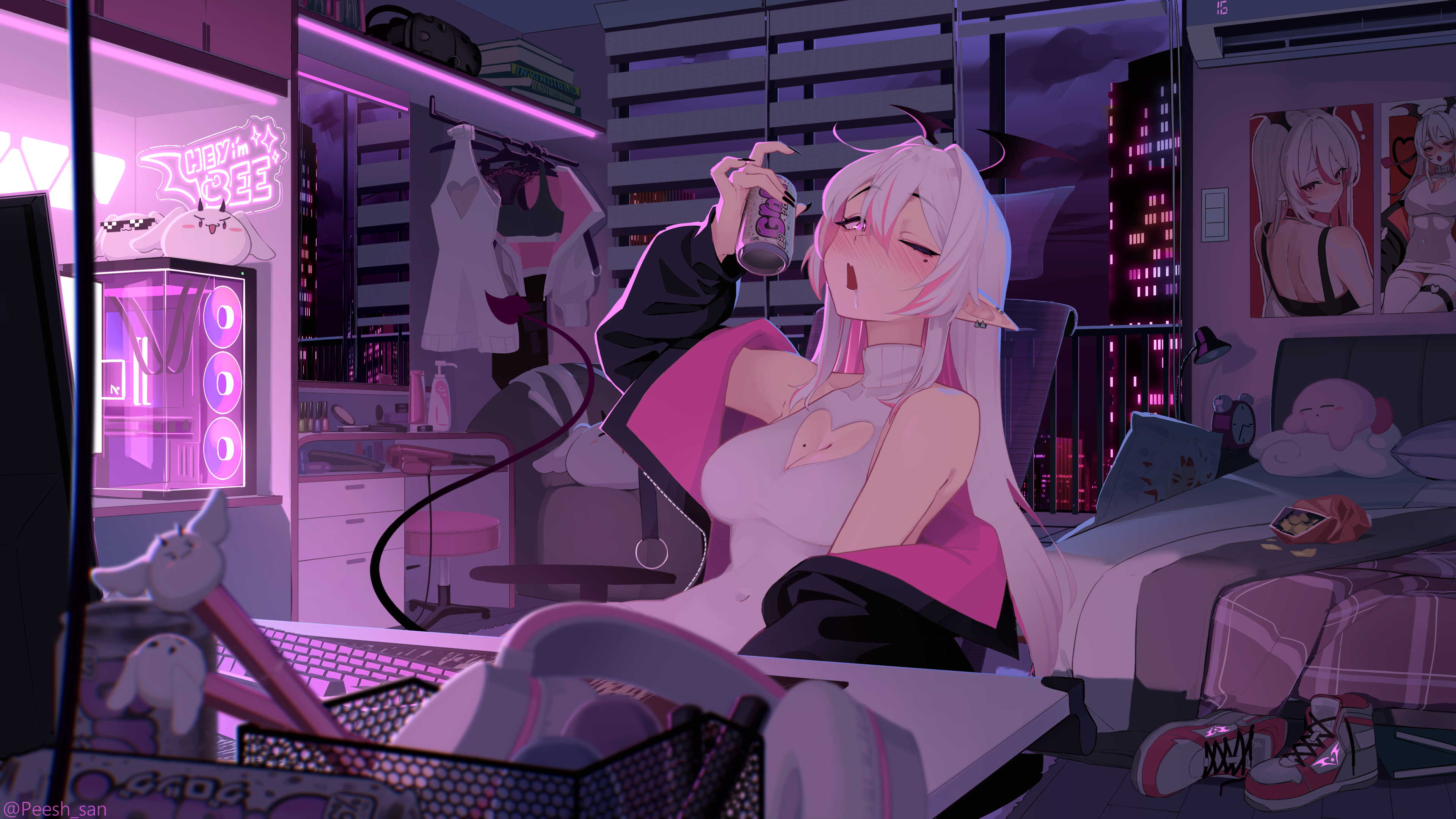 peesh san, indie virtual youtuber, absurdres, commentary, english commentary, highres, armpits, bare shoulders, bed, breasts, chair, cleavage cutout, clothing cutout, collarbone, grey hair, head wings, headphones, heart cutout, heyimbee (vtuber), indoors, jacket, large breasts, long hair, looking at viewer, multicolored hair, on chair, one eye closed, open mouth, perspective, pink hair, pointy ears, purple eyes, shoes, sitting, skindentation, sleeveless, sleeveless sweater, sneakers, solo, streaked hair, sweater, tail, virtual youtuber, window, wings