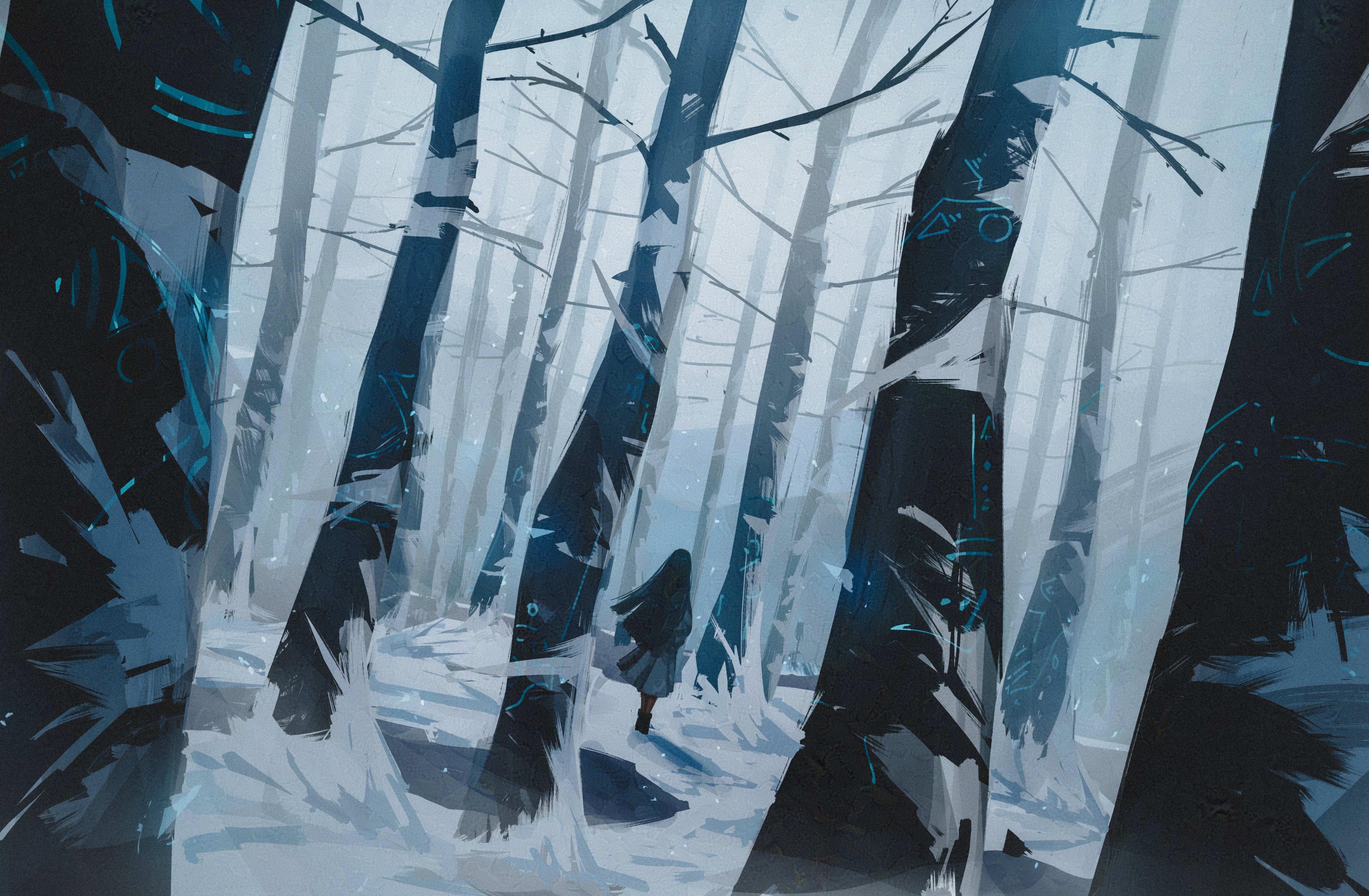 titanartx, original, absurdres, commentary, english commentary, highres, 1girl, bare tree, black hair, day, facing away, forest, long hair, nature, outdoors, sky, snow, solo, standing, tree, white sky, wide shot, winter