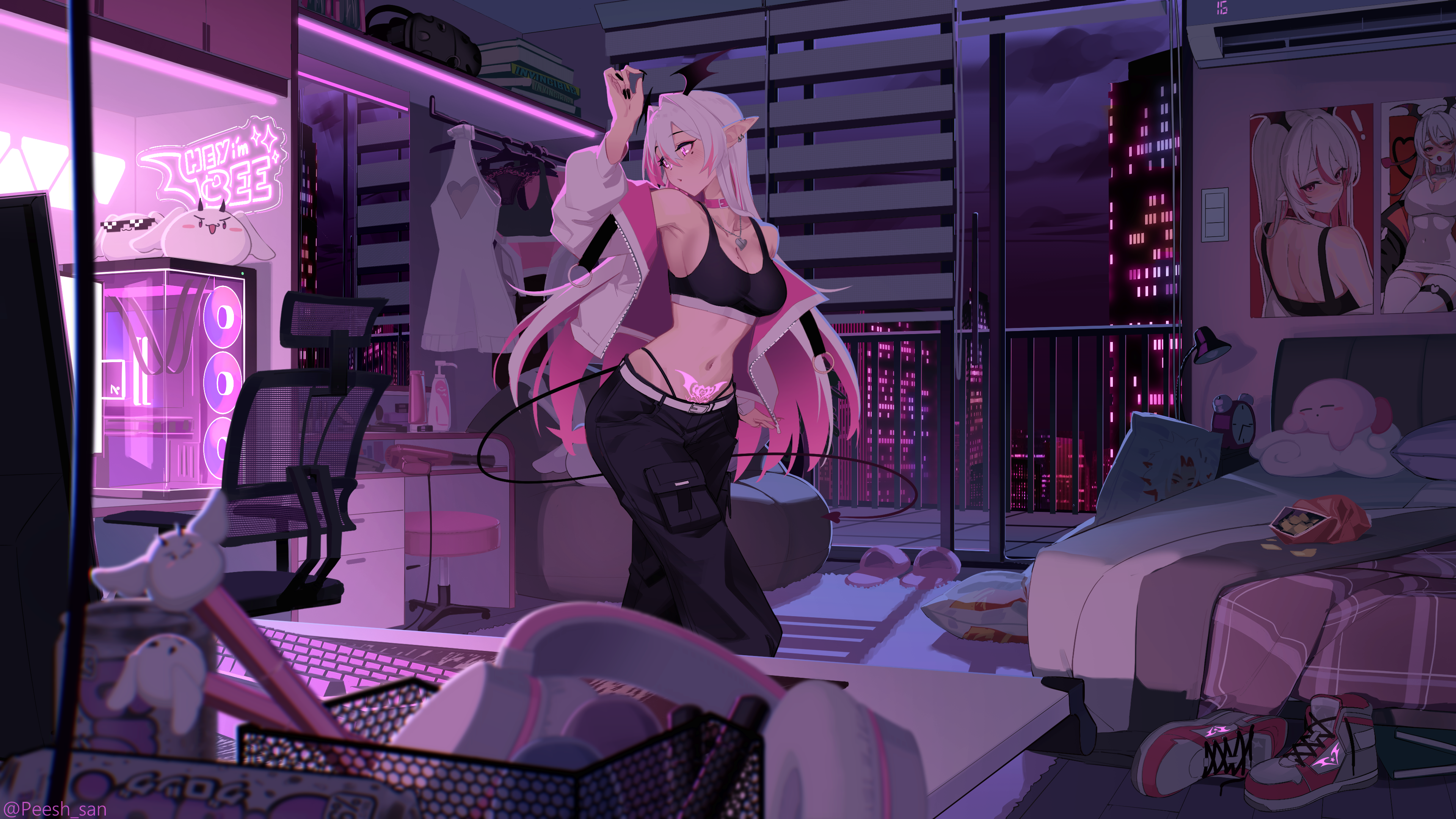 peesh san, absurdres, commentary, english commentary, highres, 1girl, armpits, bare shoulders, black panties, black pants, breasts, choker, cleavage cutout, clothing cutout, collarbone, crop top, grey hair, head wings, heyimbee (vtuber), highleg, highleg panties, jacket, large breasts, long hair, medium hair, navel, panties, pants, perspective, pink choker, pink eyes, pink hair, pointy ears, pubic tattoo, skindentation, solo, standing, stomach, tail, tattoo, underwear, virtual youtuber, wings