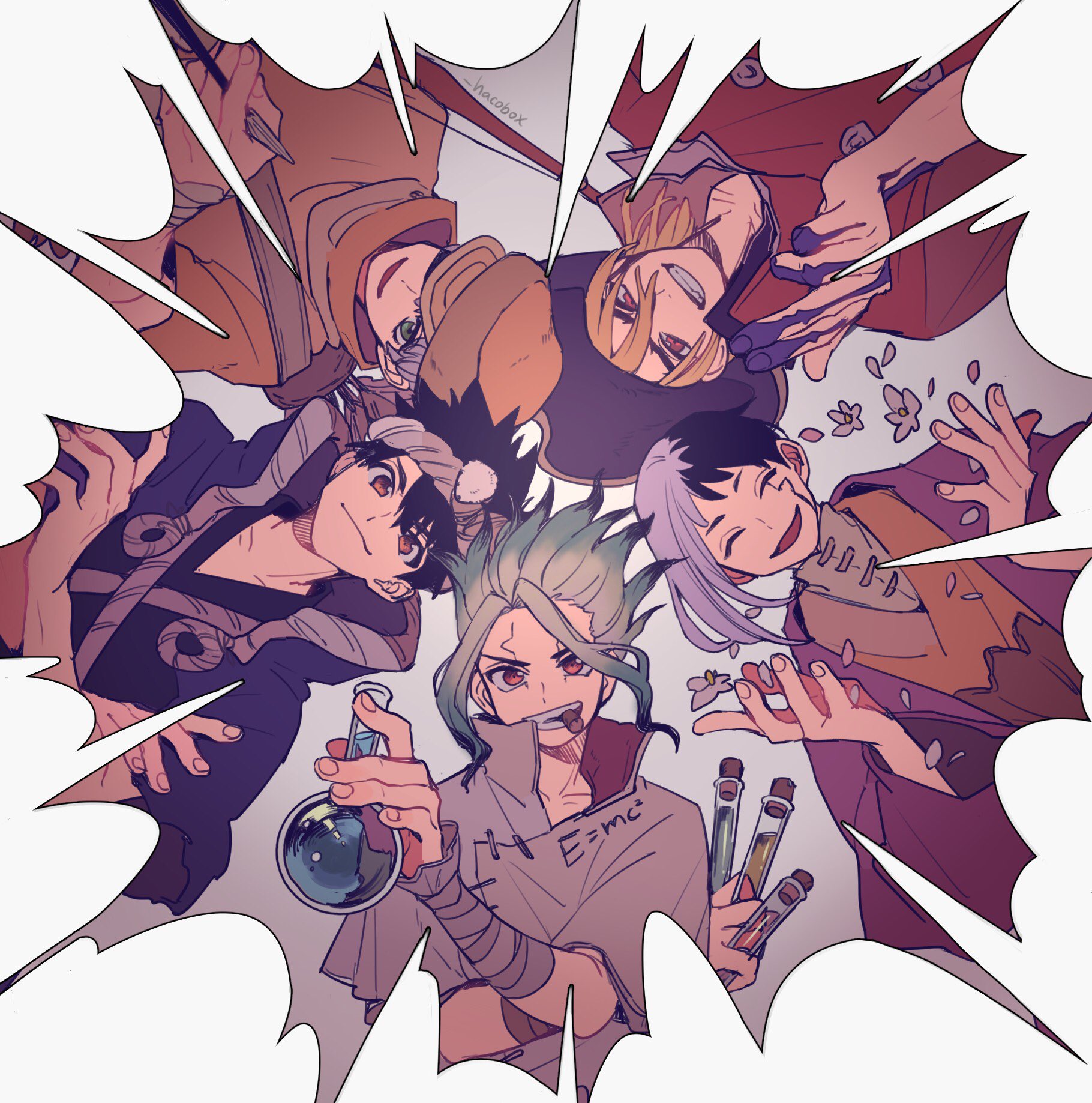 hacobox, asagiri gen, chrome (dr. stone), ishigami senkuu, nanami ryuusui, saionji ukyou, dr. stone, commentary request, highres, 5boys, bandages, black hair, blonde hair, closed eyes, coat, e=mc2 (equation), facial mark, flask, flower, green hair, grey hair, grin, hair between eyes, hat, headband, holding, jacket, looking at viewer, male focus, multicolored hair, multiple boys, open mouth, purple hair, red eyes, round-bottom flask, scarf, short hair, smile, smirk, split-color hair, teeth, test tube, two-tone hair, white hair