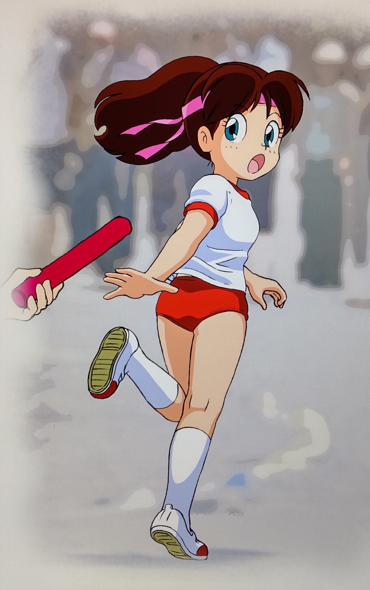 mizutani kenta, heike ibuki, genji tsuushin agedama, commentary request, highres, 1girl, 1other, aqua eyes, blurry, blurry background, brown hair, buruma, gym uniform, headband, holding, holding relay baton, long hair, looking at viewer, looking back, open mouth, outdoors, photo background, pink headband, red buruma, relay baton, relay race, running, shirt, shoes, short sleeves, socks, solo focus, standing, white shirt, white shoes, white socks