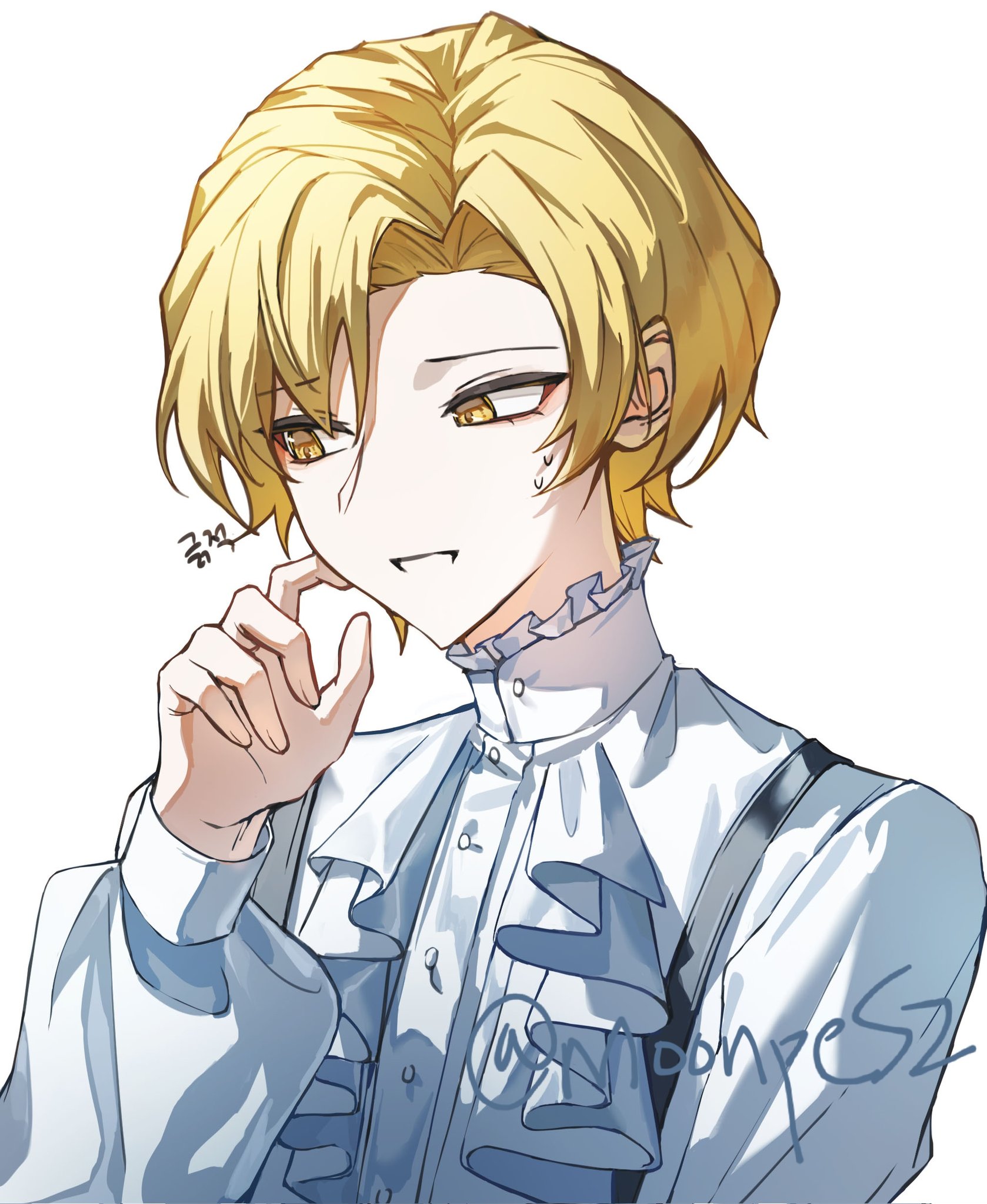 sinclair (project moon), limbus company, project moon, hashtag-only commentary, highres, 1boy, artist name, ascot, blonde hair, finger to cheek, frilled shirt collar, frills, hand up, high collar, long sleeves, looking to the side, male focus, moonpe 3v3, official alternate costume, parted bangs, puffy long sleeves, puffy sleeves, scratching cheek, shirt, short hair, simple background, smile, solo, suspenders, sweat, sweatdrop, upper body, white ascot, white background, white shirt, yellow eyes