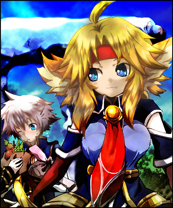 kirita (noraring), noraring, nicole mimi tithel, vayne aurelius, atelier (series), mana khemia, mana khemia (series), bad id, bad pixiv id, 1boy, 1girl, animal ears, beast girl, blonde hair, blue eyes, cat ears, fang, grey hair, groceries