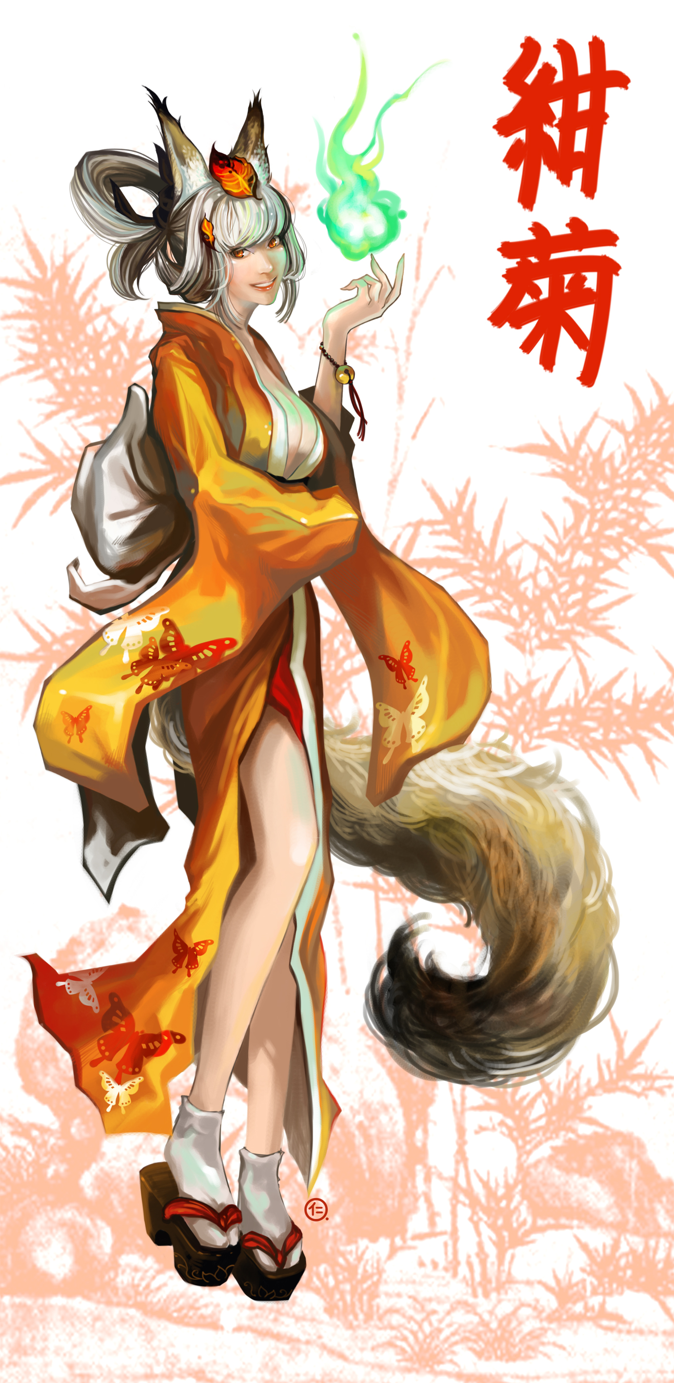 jinki (jinkimania), jinki mania, kongiku, oboro muramasa, silver hair, absurdres, highres, long image, tall image, 1girl, animal ears, bell, bracelet, breasts, cleavage, clog sandals, female focus, fire, fox ears, fox tail, geta, grin, hair up, hitodama, japanese clothes, jewelry, jingle bell, kimono, large breasts, leaf, leaf on head, lips, long hair, object on head, orange eyes, platform clogs, smile, solo, standing, tabi, tail
