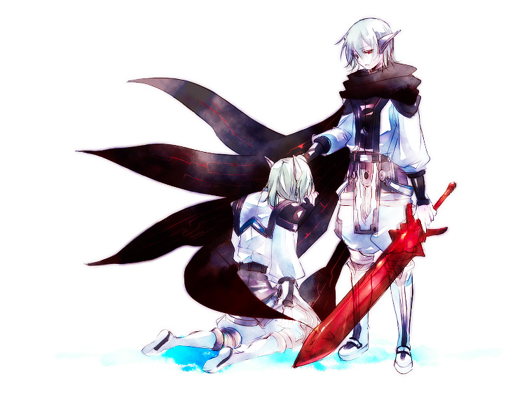 hidu aki, hiduki, hizuki (hidu aki), faize scheifa beleth, star ocean, star ocean: the last hope, bad id, bad pixiv id, spoilers, 2boys, bishounen, boots, dual persona, ear covers, green hair, knee boots, male focus, multiple boys, pointy ears, red eyes, sword, weapon