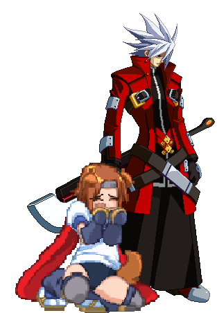 konoha (arcana heart), ragna the bloodedge, aq interactive, arc system works, arcana heart, atlus, blazblue, examu, lowres, animal ears, crossover, dog ears, dog tail, gym uniform, ninja, sword, tail, weapon, white hair