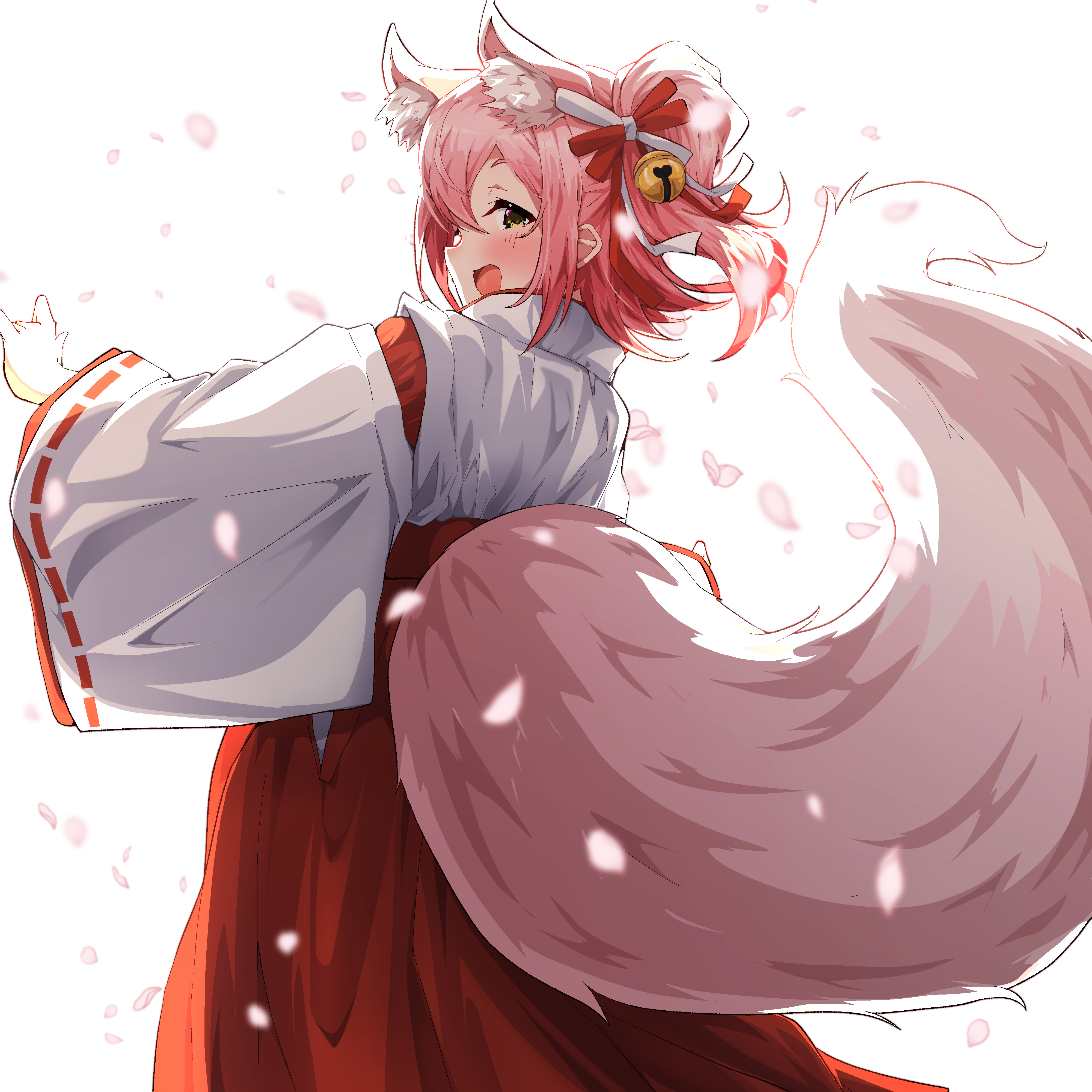 clark grimms, kasuga mirai, kasuga mirai (byakko thulite), idolmaster, idolmaster million live!, idolmaster million live! theater days, absurdres, commentary, highres, 1girl, animal ear fluff, animal ears, bell, blush, cowboy shot, fox ears, fox girl, fox tail, hakama, hakama skirt, japanese clothes, kosode, looking at viewer, looking back, miko, official alternate costume, official alternate hair color, open mouth, petals, pink hair, red hakama, sidelocks, simple background, skirt, smile, solo, tail, white background, wide sleeves, yellow eyes