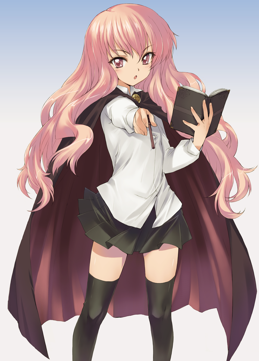 kawata hisashi, louise francoise le blanc de la valliere, zero no tsukaima, highres, 00s, 1girl, book, cape, female focus, miniskirt, pentacle, pink eyes, pink hair, skirt, solo, thighhighs, zettai ryouiki
