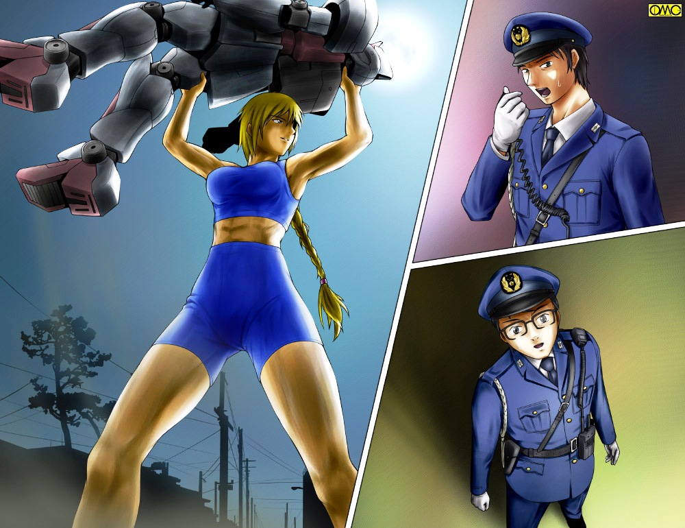 omc, 1girl, 2boys, abs, armpits, arms up, belt, bike shorts, blonde hair, blue eyes, braid, breasts, cleavage, clenched teeth, covered erect nipples, crop top, giant, giantess, glasses, holding, japan national police, large breasts, long hair, midriff, moon, multiple boys, muscular, necktie, night, outdoors, police, police uniform, robot, sky, sports bra, sweat, teeth, type43