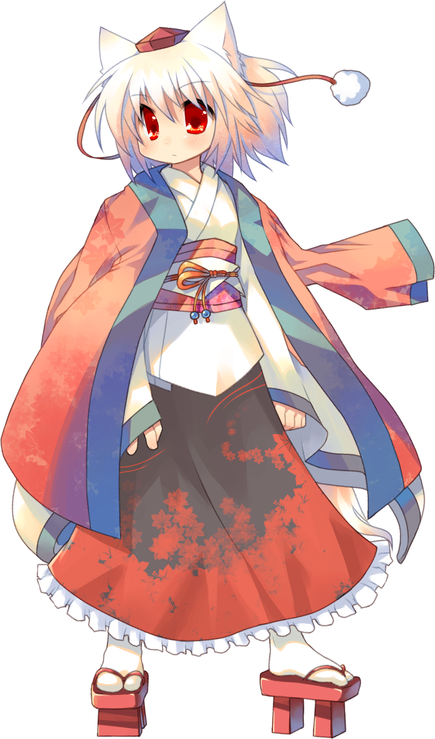 toba hiyoko, inubashiri momiji, touhou, absurdres, highres, 1girl, animal ears, blouse, female focus, full body, geta, hat, japanese clothes, kimono, red eyes, red hat, shirt, simple background, socks, solo, tokin hat, transparent background, white hair, white shirt, white socks, wolf ears