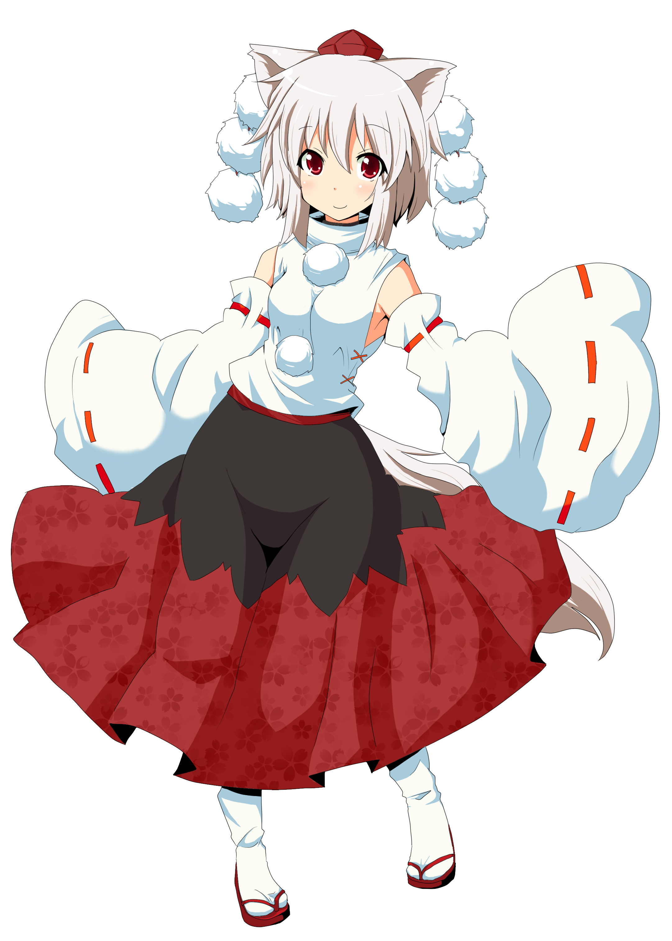 suna (sunaipu), sunaipu, inubashiri momiji, touhou, absurdres, highres, 1girl, animal ears, detached sleeves, female focus, full body, geta, solo, transparent background, white hair, wolf ears