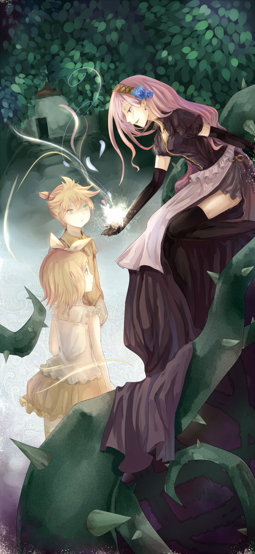 kagamin, rifsom, kagamine len, kagamine rin, megurine luka, vocaloid, bad id, bad pixiv id, highres, long image, tall image, 1boy, 2girls, blonde hair, blue eyes, blue flower, blue rose, dress, earrings, elbow gloves, flower, frills, gathers, gloves, glowing, hairband, jewelry, leaf, light particles, long hair, magic, multiple girls, open mouth, pink hair, profile, rose, short hair, side slit, skirt, staring, thighhighs, thorns, very long hair