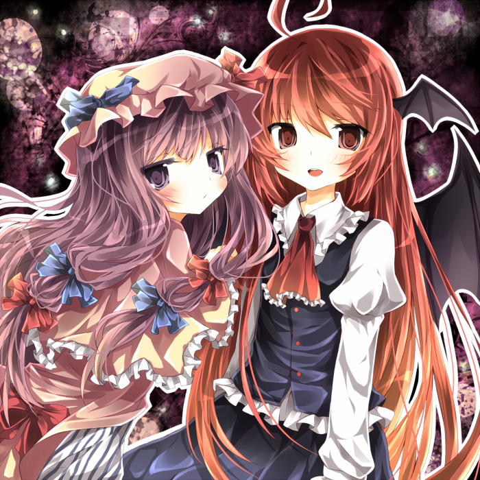 chiruku, koakuma, patchouli knowledge, embodiment of scarlet devil, touhou, bad id, bad pixiv id, 2girls, female focus, hat, long hair, multiple girls, purple hair, red hair