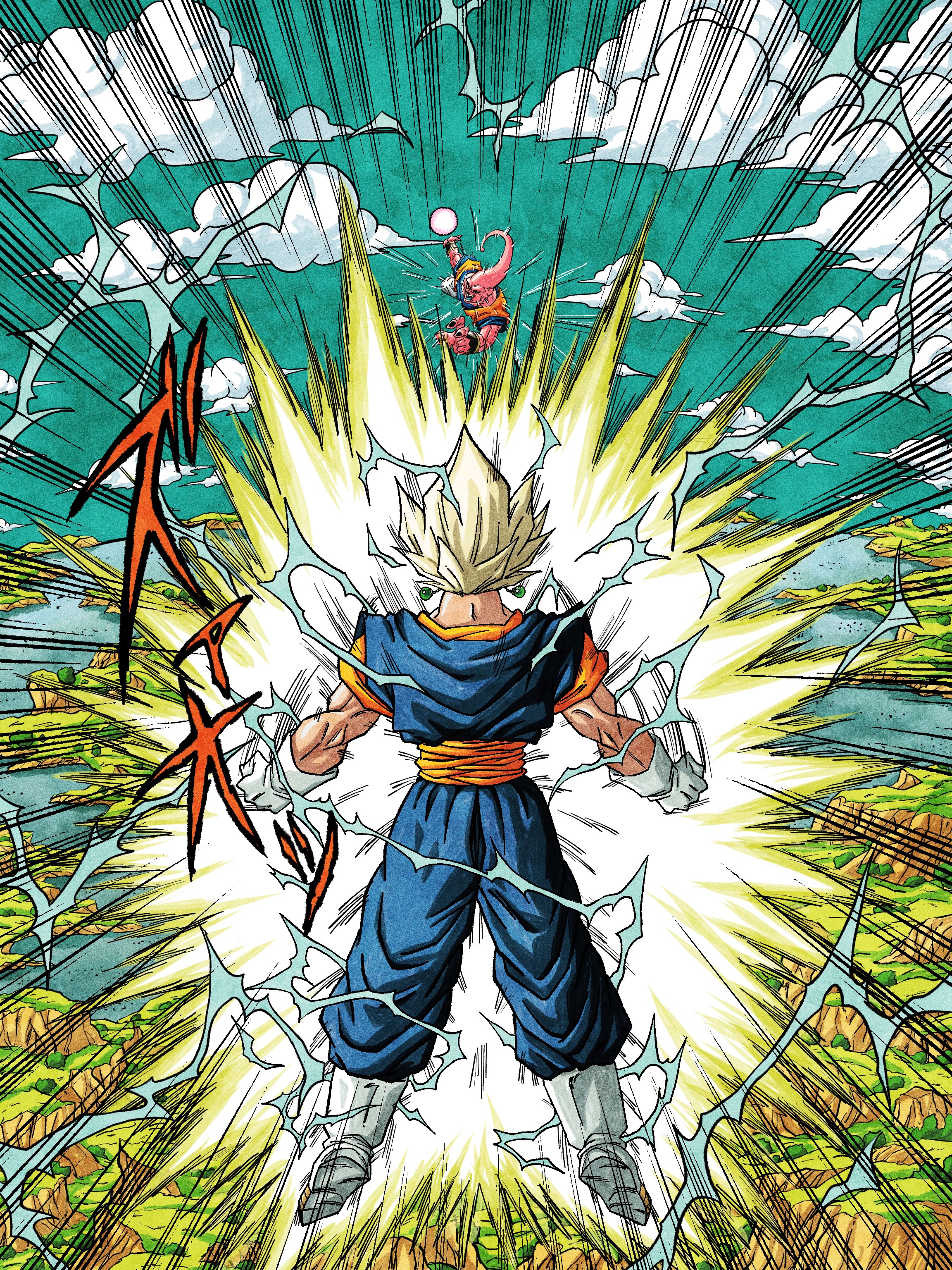 hiro (udkod1ezlyi2flo), majin buu, super buu, vegetto, dragon ball, dragonball z, absurdres, commentary request, highres, 2boys, aura, blonde hair, blue pants, blue shirt, boots, dougi, electricity, full body, gloves, male focus, medium hair, midair, motion lines, multiple boys, orange sash, orange shirt, pants, powering up, shirt, solo focus, sound effects, speed lines, spiked hair, super saiyan, super saiyan 1, white boots, white gloves