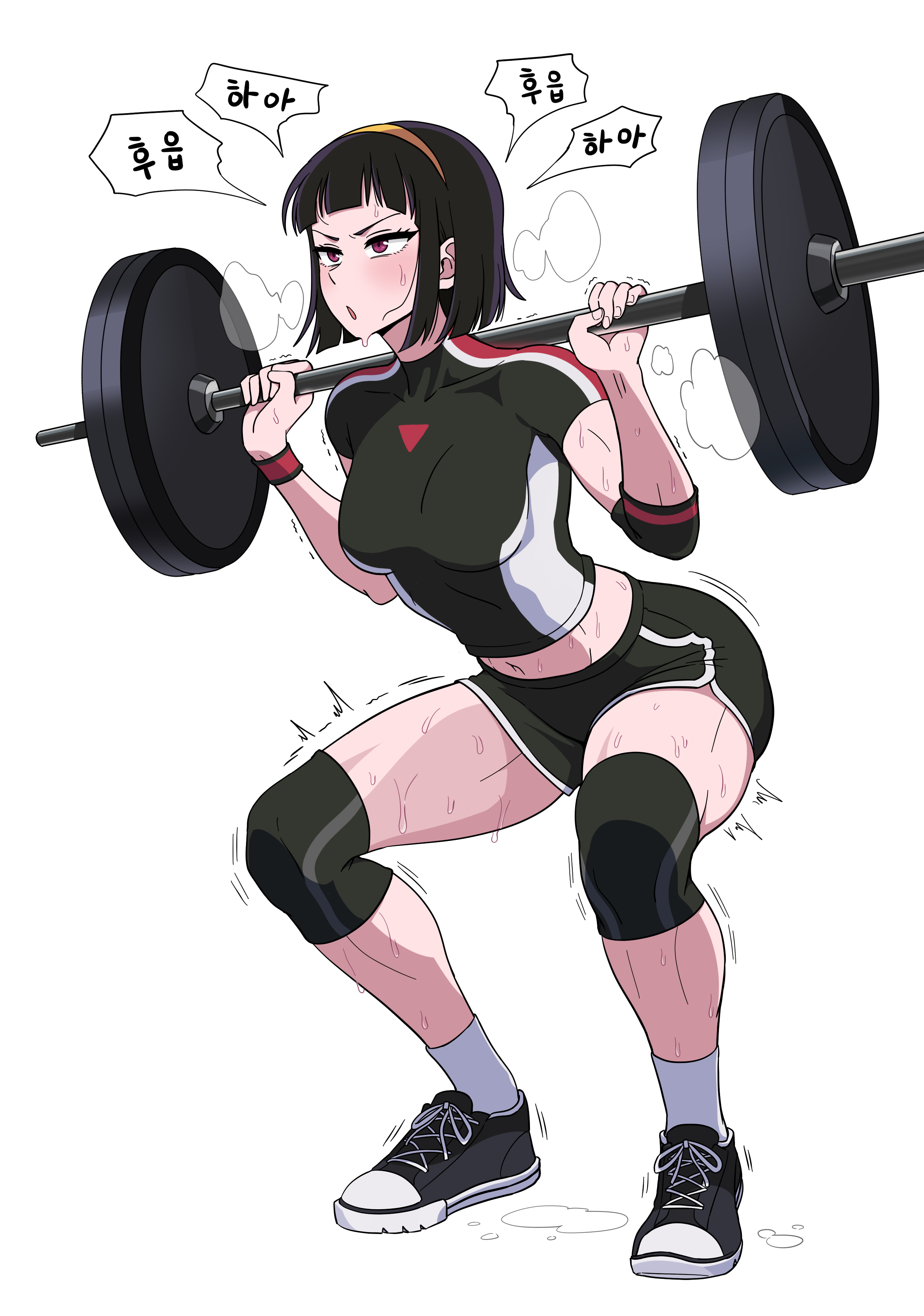 galois, absurdres, commentary request, highres, korean commentary, translation request, 1girl, badass girl: run hany, barbell, black hair, black shoes, black shorts, blunt bangs, bob cut, breasts, cropped shirt, dolphin shorts, exercising, full body, hairband, heavy breathing, korean text, medium breasts, midriff, na aeri, navel, orange hairband, purple eyes, run hany, shirt, shoes, short hair, shorts, socks, solo, squat (exercise), sweat, toned, toned female, turtleneck, turtleneck shirt, v-shaped eyebrows, white socks