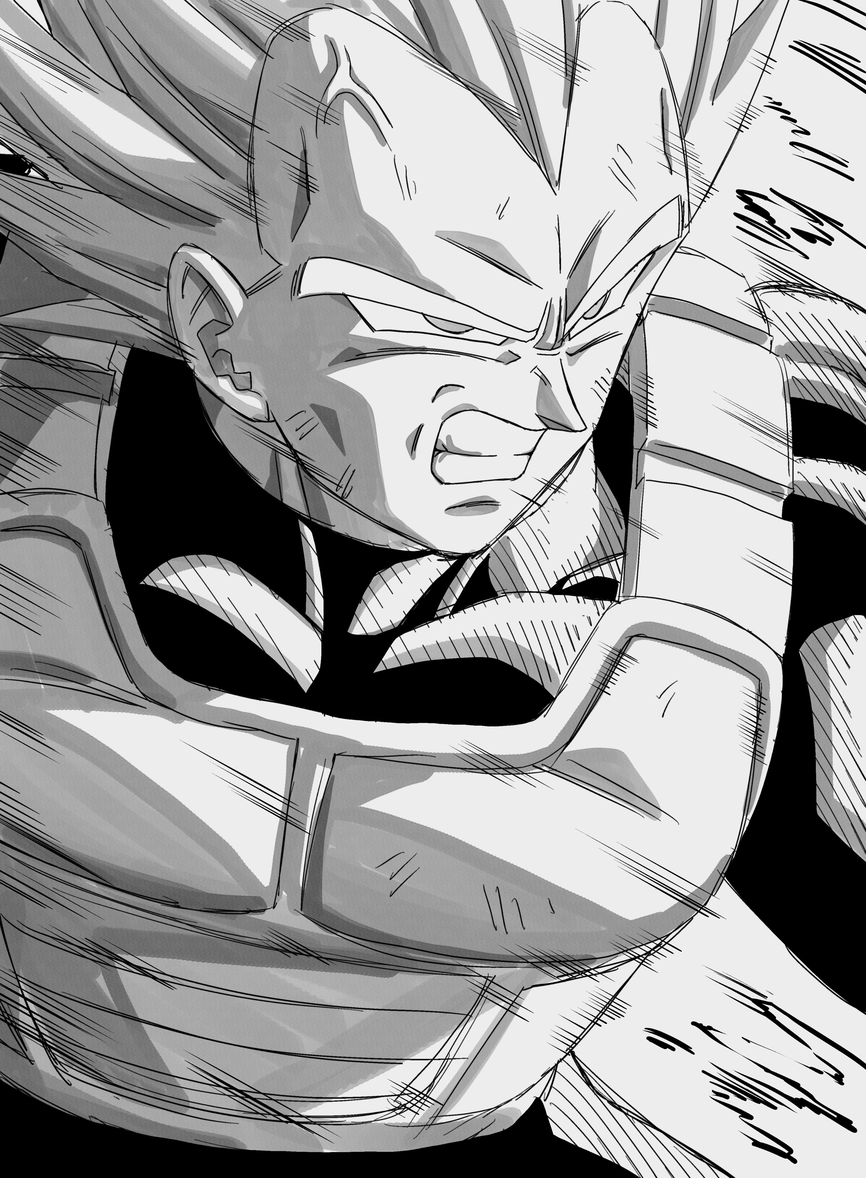 iamthetrev, vegeta, dragon ball, dragonball z, absurdres, highres, 1boy, anger vein, armor, bodysuit, clenched teeth, greyscale, male focus, monochrome, muscular, muscular male, parted lips, saiyan armor, solo, spiked hair, super saiyan, super saiyan 1, teeth, upper body