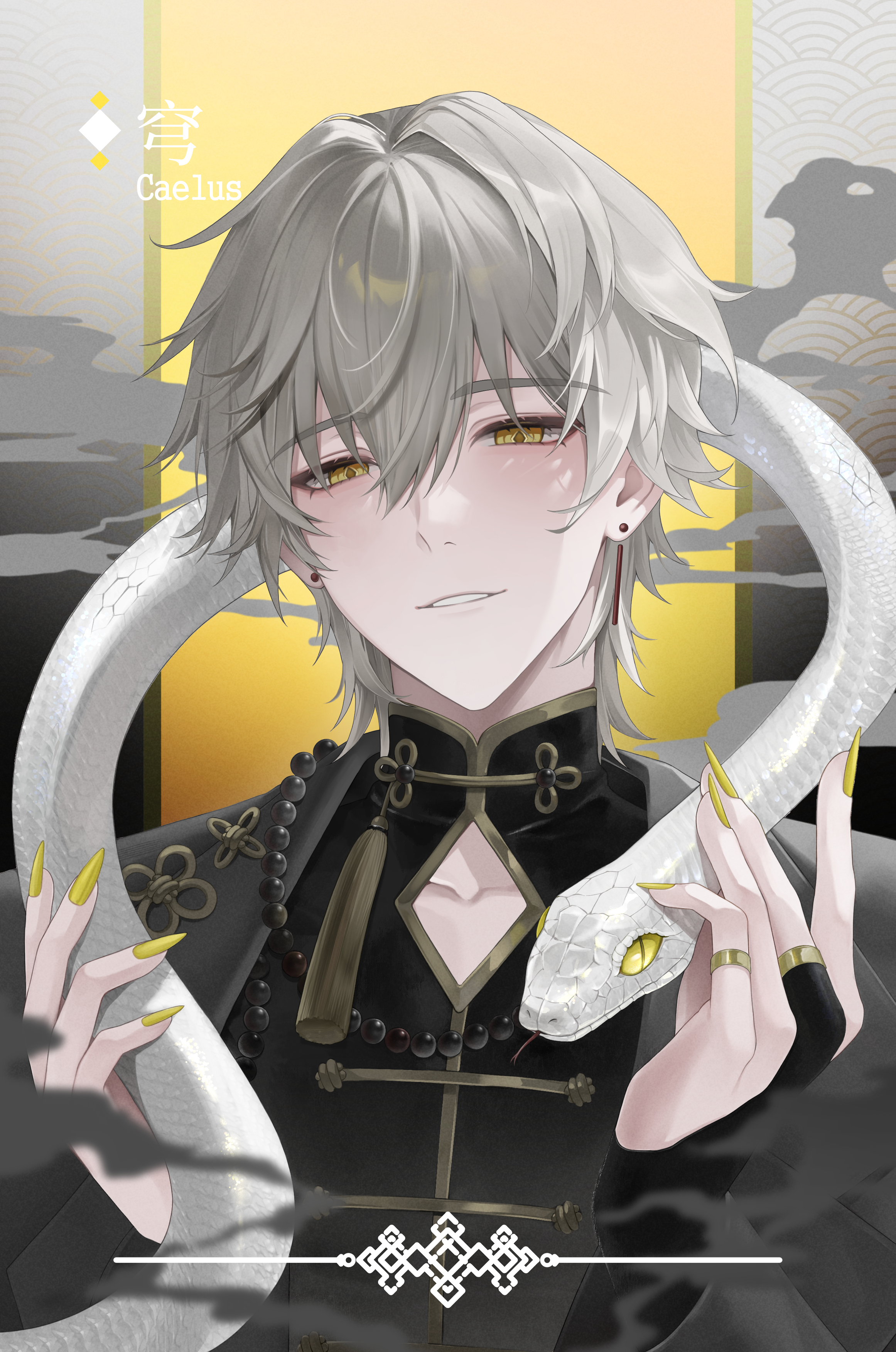 hamo (miyo rmo2), caelus (honkai: star rail), trailblazer (honkai: star rail), honkai: star rail, honkai (series), absurdres, commentary, highres, 1boy, alternate costume, animal, character name, clothing cutout, collarbone, earrings, fingernails, gold nails, grey hair, hair between eyes, hands up, holding, holding animal, jewelry, long fingernails, long sleeves, looking at viewer, male focus, nail polish, parted lips, single earring, snake, upper body, white snake, yellow eyes