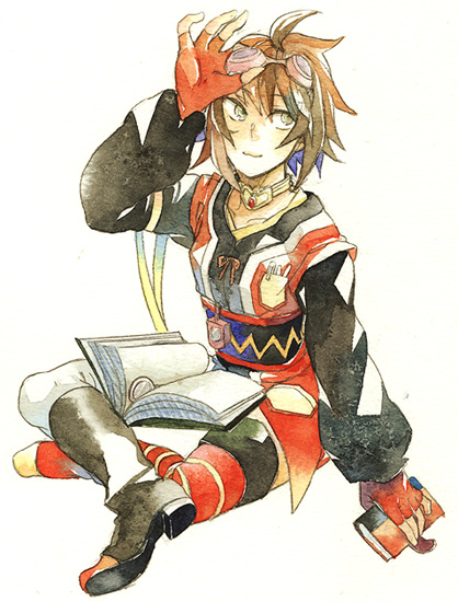 hachi 888, rita mordio, tales of (series), tales of vesperia, bad id, bad pixiv id, 00s, 1girl, asymmetrical clothes, asymmetrical footwear, book, brown hair, choker, female focus, fingerless gloves, gloves, goggles, goggles on head, mismatched footwear, pantyhose, short hair, single leg pantyhose, smile, solo, striped clothes, striped thighhighs, thighhighs