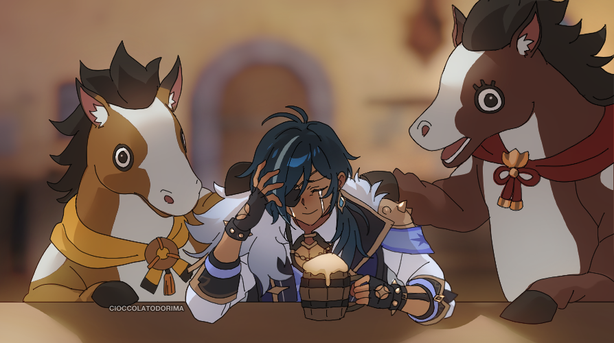 cioccolatodorima, kaeya (genshin impact), blank room soup, genshin impact, commentary, english commentary, 1boy, 2others, antenna hair, beer mug, black gloves, blue hair, cape, closed eyes, collared shirt, cup, dark-skinned male, dark skin, earrings, eyepatch, fingerless gloves, fur-trimmed cape, fur trim, gloves, gold trim, grey streaks, hair between eyes, horse, indoors, jewelry, long hair, long sleeves, mug, multicolored hair, multiple others, pectoral cleavage, pectorals, shirt, single shoulder pad, smile, spiked gloves, streaked hair, tavern, tears