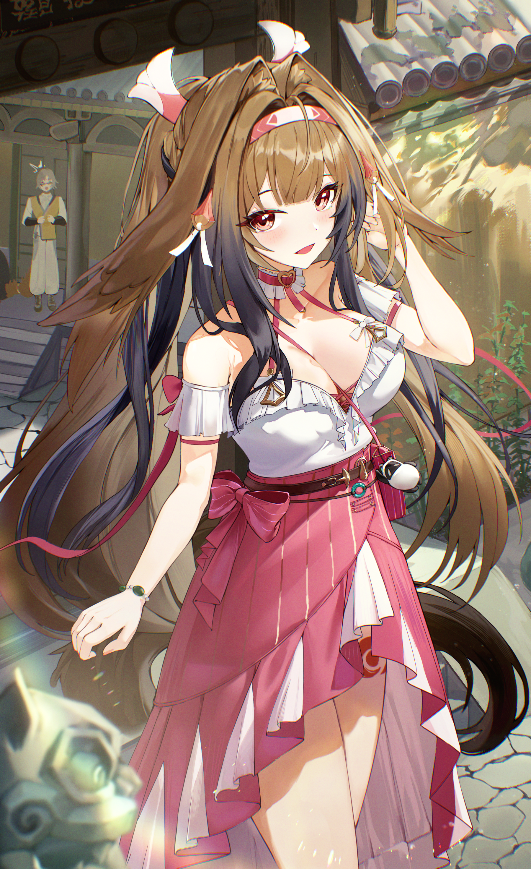 wakum, ye shiyuan, ye shunguang, ye shunguang (touch of dawnlight), zenless zone zero, absurdres, commentary, highres, 1boy, 1girl, ^^^, animal ear fluff, animal ears, armband, bare shoulders, blush, bracelet, breasts, brother and sister, brown hair, chinese clothes, cleavage, collar, collarbone, cowboy shot, cross-laced clothes, cross-laced top, droopy ears, frilled armband, frilled collar, frilled shirt, frilled shirt collar, frills, hairband, high-waist skirt, horse ears, horse girl, horse tail, jewelry, large breasts, long hair, long skirt, looking at viewer, multicolored hairband, official alternate costume, outdoors, pants, red bag, red eyes, red hairband, red skirt, shirt, siblings, skirt, tail, very long hair, vest, white armband, white hairband, white pants, white shirt, yellow vest