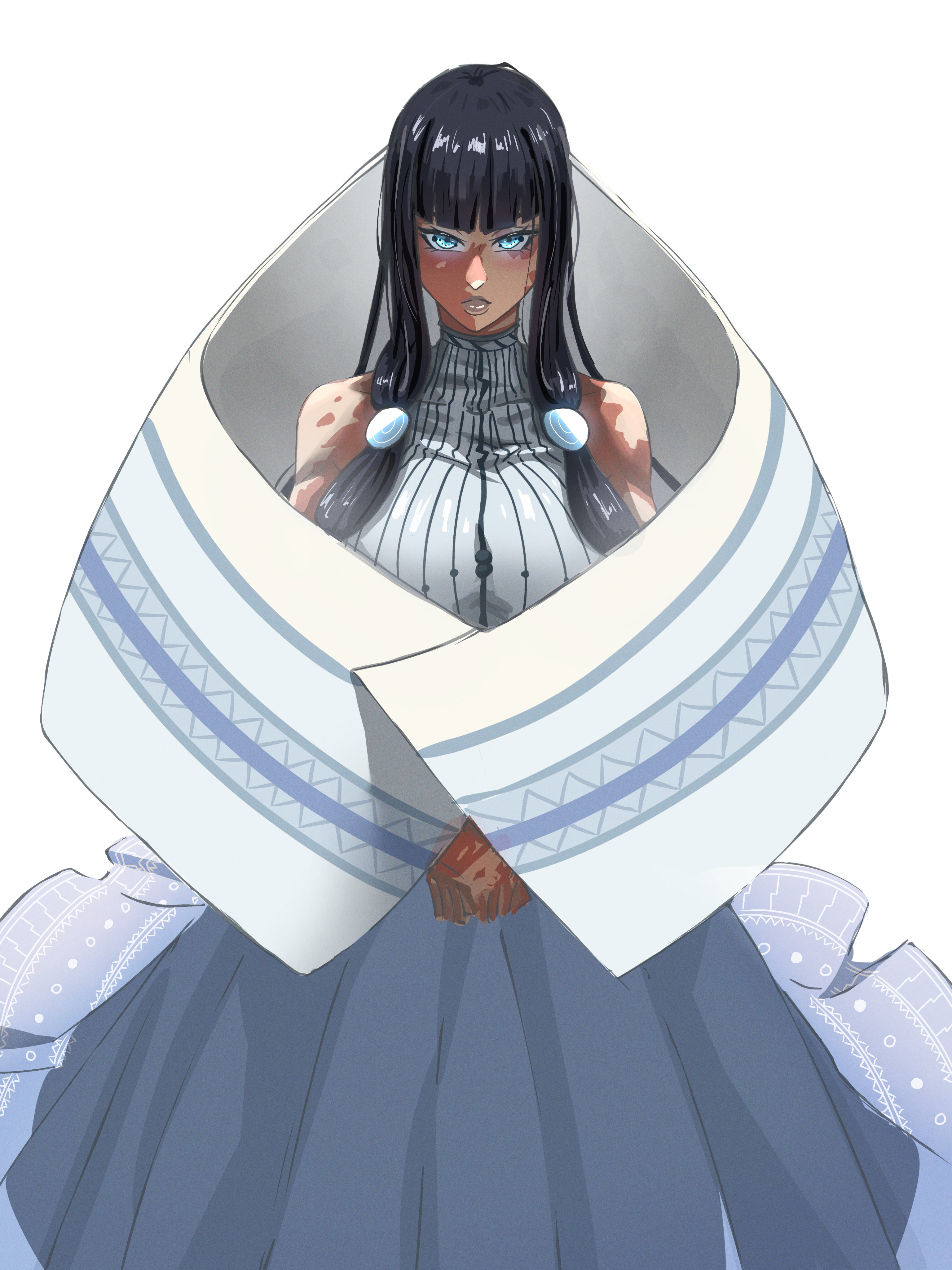 ririvart, absurdres, commentary, english commentary, highres, 1girl, apukunapa kutimuynin, bare shoulders, beads, black hair, blue eyes, blunt bangs, dark-skinned female, dark skin, hair beads, hair ornament, killa (apukunapa kutimuynin), long hair, long skirt, shawl, skirt, solo, vitiligo