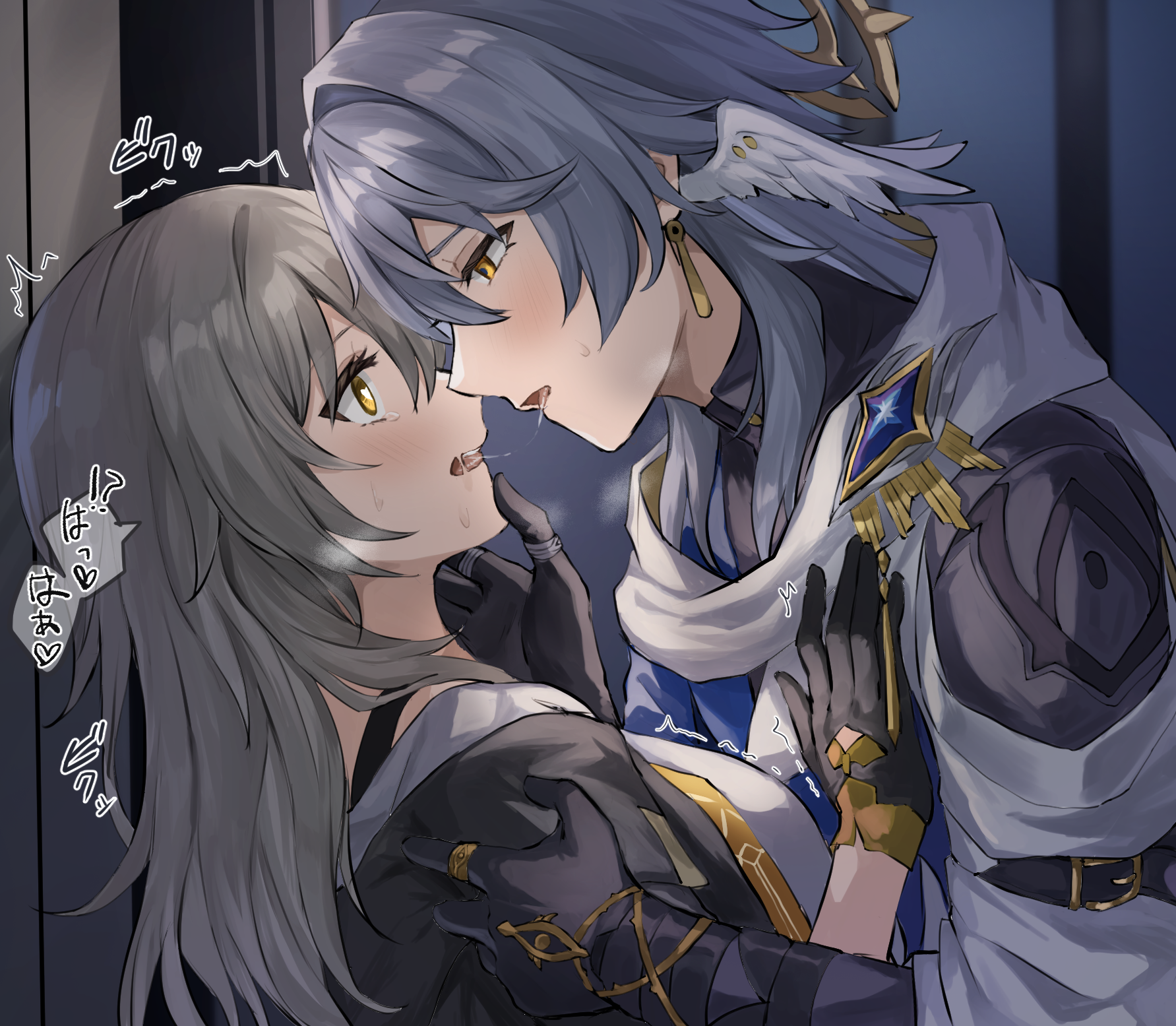 wf12ta, honkai: star rail, honkai (series), commentary request, highres, translation request, 1boy, 1girl, after kiss, black gloves, black jacket, bra strap, breasts, earrings, eye contact, face-to-face, feathered wings, from side, gloves, grey hair, halo, halo behind head, hand on another's chest, hand on another's chin, hand on another's shoulder, head wings, heart, heart-shaped pupils, heavy breathing, hetero, indoors, jacket, jewelry, long hair, looking at another, medium hair, open mouth, saliva, saliva trail, scarf, shirt, speech bubble, sweat, symbol-shaped pupils, upper body, white scarf, white shirt, white wings, wings, yellow eyes