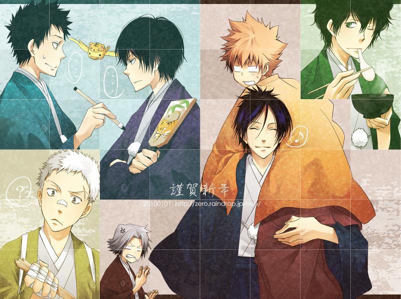 tsuna, gokudera hayato, hibari kyouya, hibird, lambo, rokudou mukuro, sasagawa ryohei, sawada tsunayoshi, yamamoto takeshi, katekyo hitman reborn!, brush, …, 00s, 6+boys, ?, angry, animal, bandages, black hair, bowl, brown hair, carrying, cigarette, clenched hand, dynamite, explosive, food, grey hair, japanese clothes, long hair, male focus, multiple boys, paintbrush, purple hair, scar, steam, sweatdrop, white hair