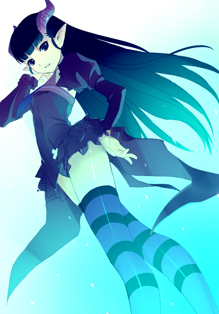 futaba jun, elea, blassreiter, 00s, 1girl, black hair, blue eyes, female focus, horns, long hair, necktie, panties, pointy ears, solo, striped clothes, striped panties, striped thighhighs, thighhighs, underwear