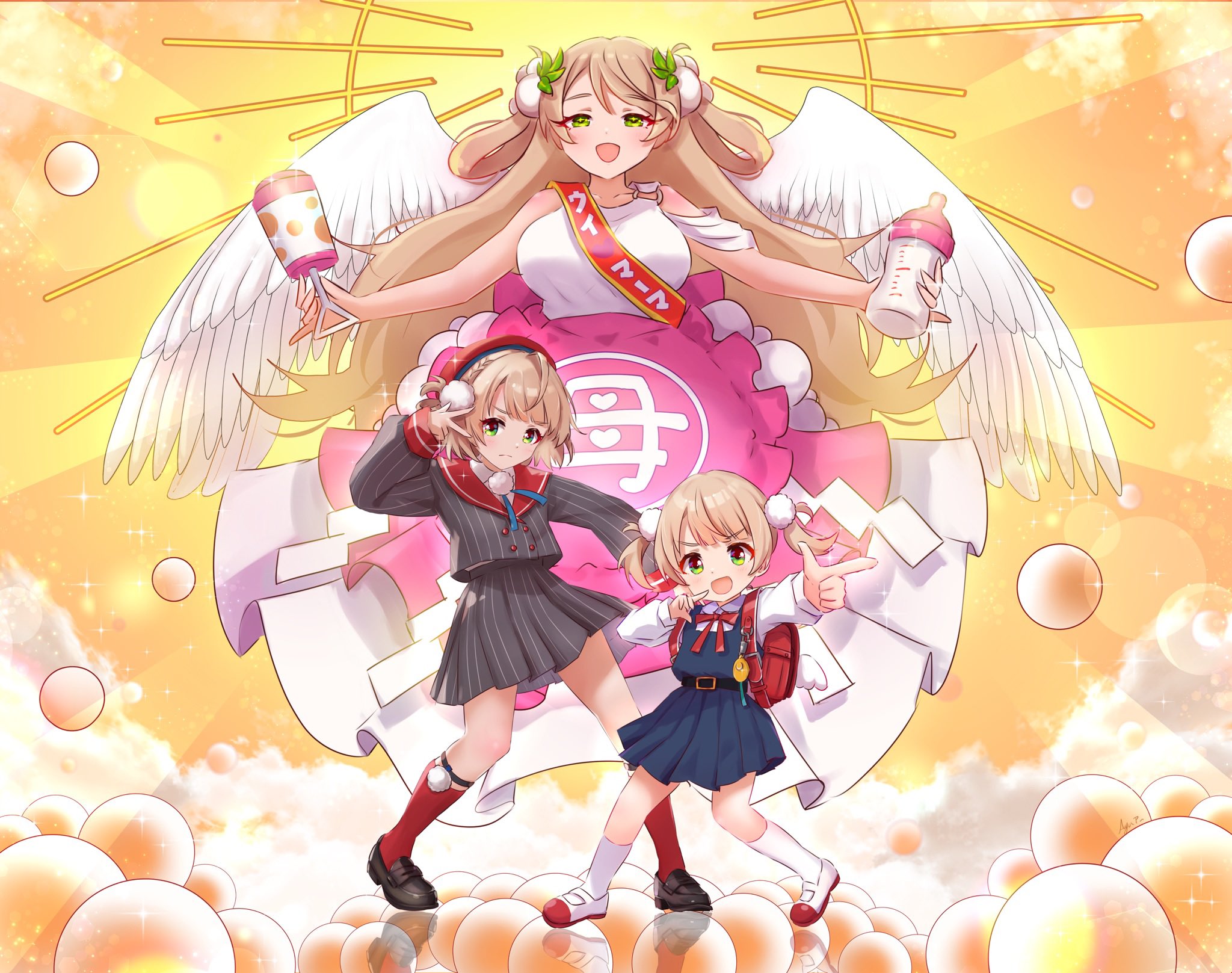 koaya, shigure ui (vtuber), shigure ui (young) (vtuber), indie virtual youtuber, commentary request, highres, 3girls, :d, angel, angel wings, baby bottle, backpack, bag, beret, black shoes, blonde hair, bottle, feathered wings, green eyes, grey shirt, grey skirt, hat, holding, holding rattle, long hair, looking at viewer, multiple girls, multiple persona, open mouth, randoseru, rattle, red bag, red hat, red sailor collar, red socks, sailor collar, shirt, shoes, short hair, skirt, smile, socks, standing, twintails, white socks, white wings, wings