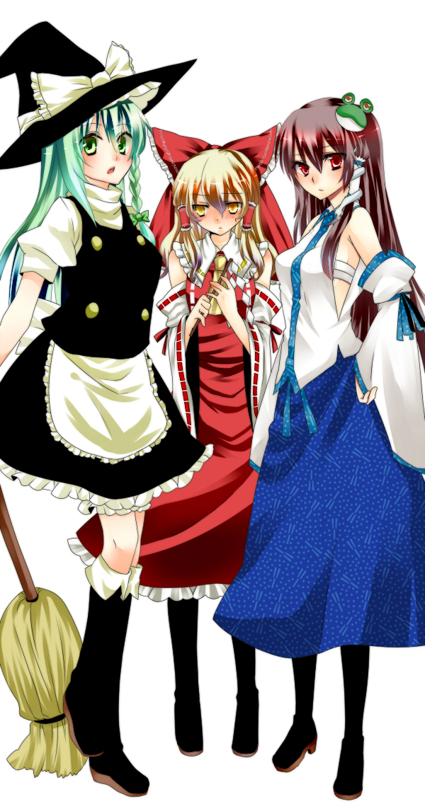 yutazou, hakurei reimu, kirisame marisa, kochiya sanae, touhou, bad id, bad pixiv id, 3girls, aqua hair, bare shoulders, blonde hair, blush, boots, bow, braid, broom, brown hair, cosplay, costume switch, detached sleeves, female focus, frog, gradient hair, green eyes, green hair, hair bow, hair ornament, hakurei reimu (cosplay), hat, japanese clothes, kirisame marisa (cosplay), knee boots, kochiya sanae (cosplay), long hair, miko, multicolored hair, multiple girls, pantyhose, red eyes, sarashi, shy, snake, witch, witch hat, yellow eyes