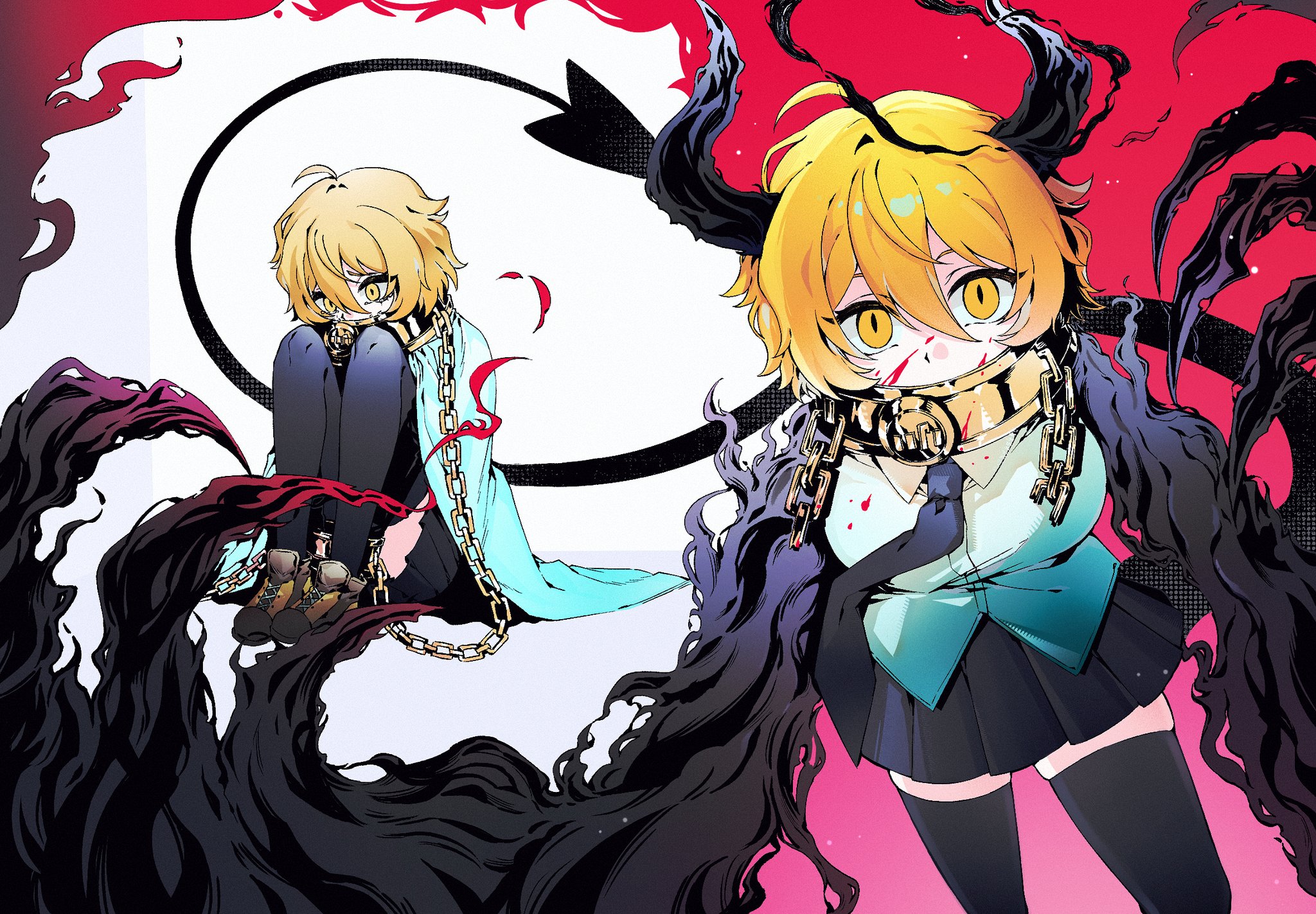 nana nana bot, don quixote (project moon), limbus company, project moon, gold collar, chinese commentary, commentary request, highres, 1girl, ahoge, black claws, black halo, black hands, black horns, black necktie, black skirt, black thighhighs, blonde hair, blood, blood on clothes, blood on face, broken, broken chain, chain, claws, collar, collared shirt, colored extremities, covered mouth, cuffs, cuffs-to-collar, e.g.o (project moon), gold chain, hair between eyes, halftone, halo, horns, hugging own legs, index (identity) (project moon), knees up, looking at viewer, metal collar, miniskirt, multiple views, necktie, oversized forearms, oversized limbs, pleated skirt, procuration (e.g.o), shackles, shirt, shoes, short hair, sitting, skirt, slit pupils, tail, thighhighs, white shirt, yellow eyes, zettai ryouiki