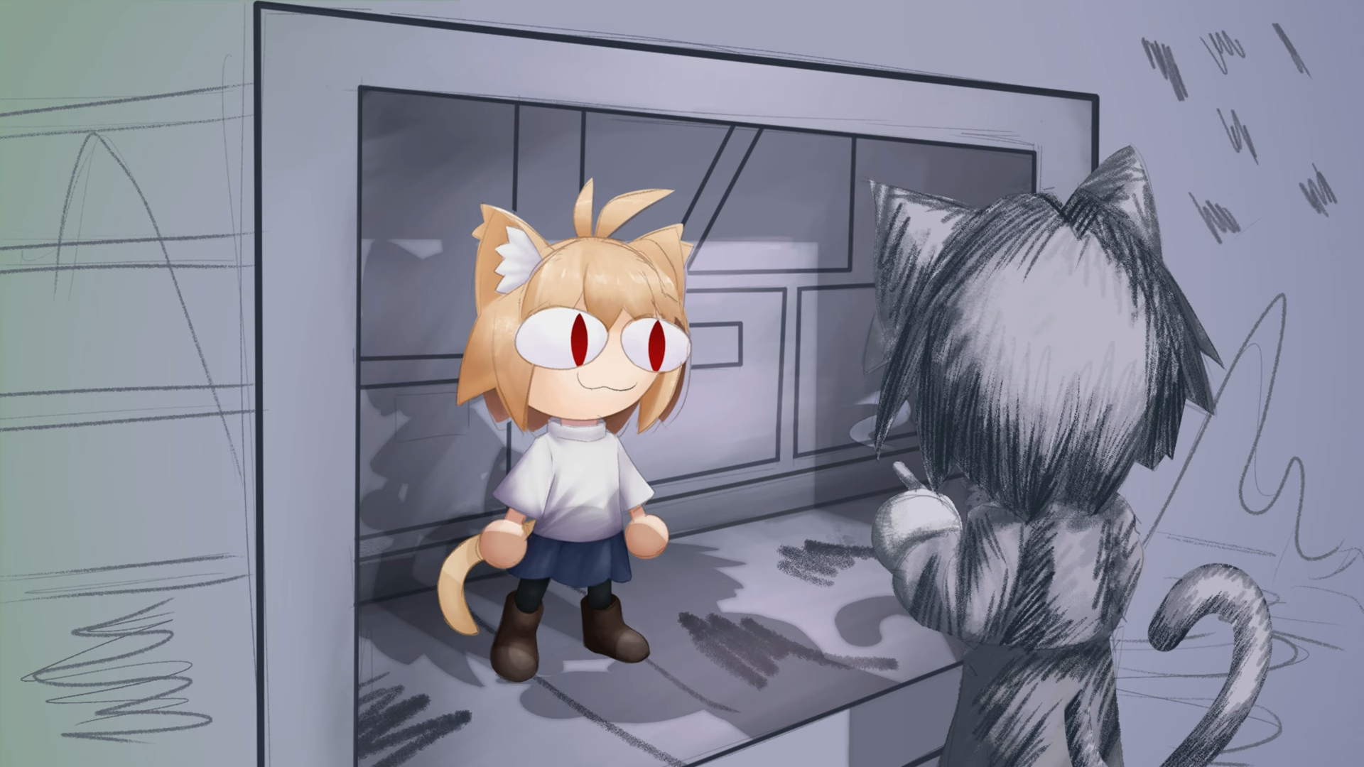 neco-arc, neco-arc chaos, tsukihime, commentary, english commentary, graphite (medium), highres, traditional media, 1boy, 1girl, :3, animal ear fluff, animal ears, antenna hair, artfulburd, blonde hair, blue skirt, boots, brown boots, cat ears, cat girl, cat tail, cigarette, coat, greyscale, hallway, holding, holding cigarette, medium hair, monochrome, pantyhose, red eyes, shirt, skirt, slit pupils, smoke, spot color, tail, take on me (a-ha), trench coat, white shirt