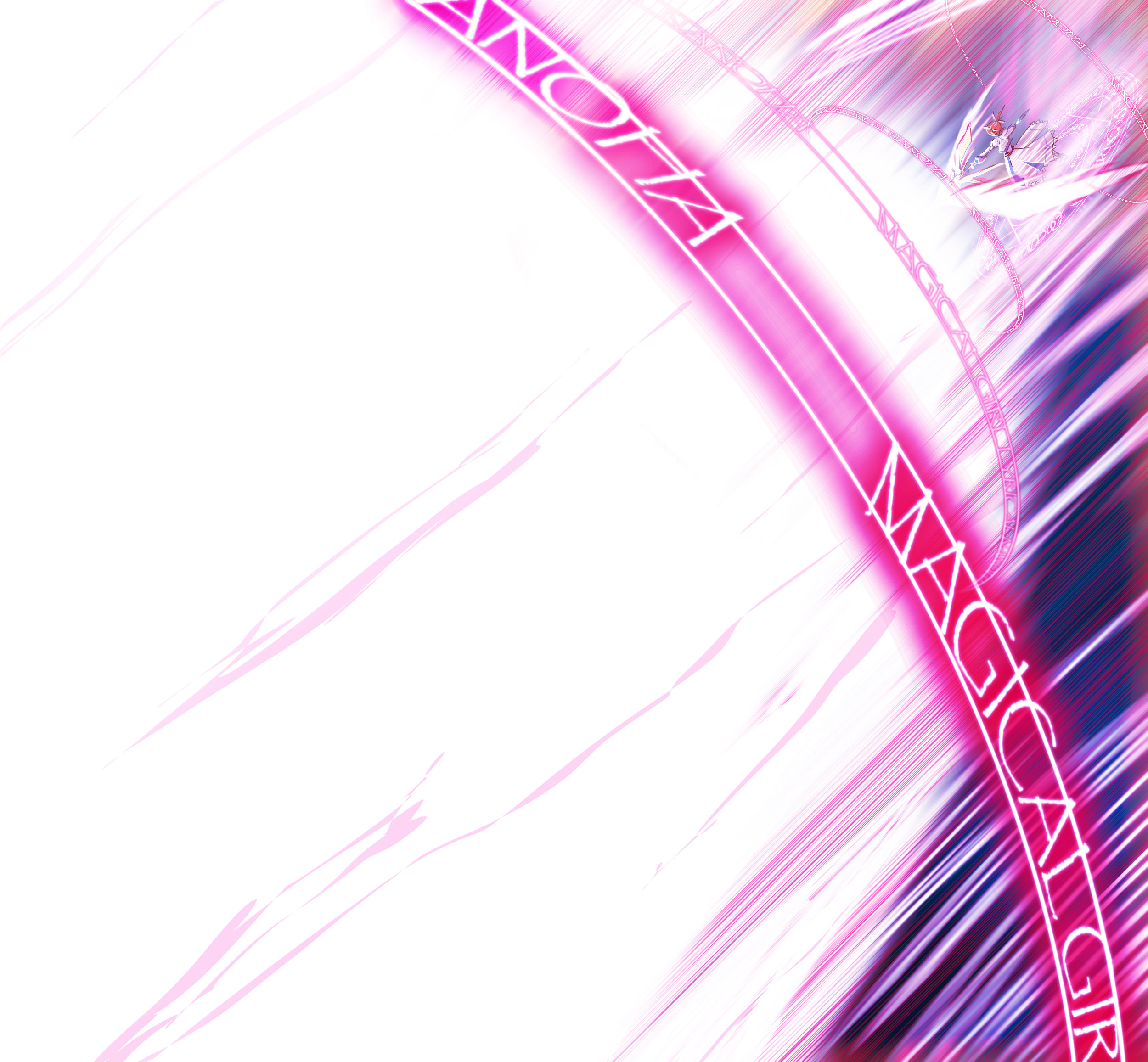 miz (karakami no yoru), raising heart, takamachi nanoha, lyrical nanoha, mahou shoujo lyrical nanoha, highres, 00s, 1girl, brown hair, copyright name, dress, energy wings, female focus, full body, hair ribbon, magic, magic circle, magical girl, motion lines, outstretched arms, red hair, ribbon, short hair, solo, speed lines, staff, starlight breaker, text focus, twintails, weapon, when you see it, white devil, wings